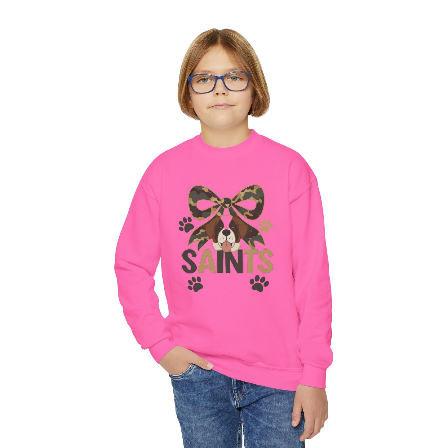 Youth Crewneck Sweatshirt with Camo Bow and Paw Prints, Dog Lovers Gift, Cozy Pet-Themed Apparel, Great for Holidays, Perfect for [...]