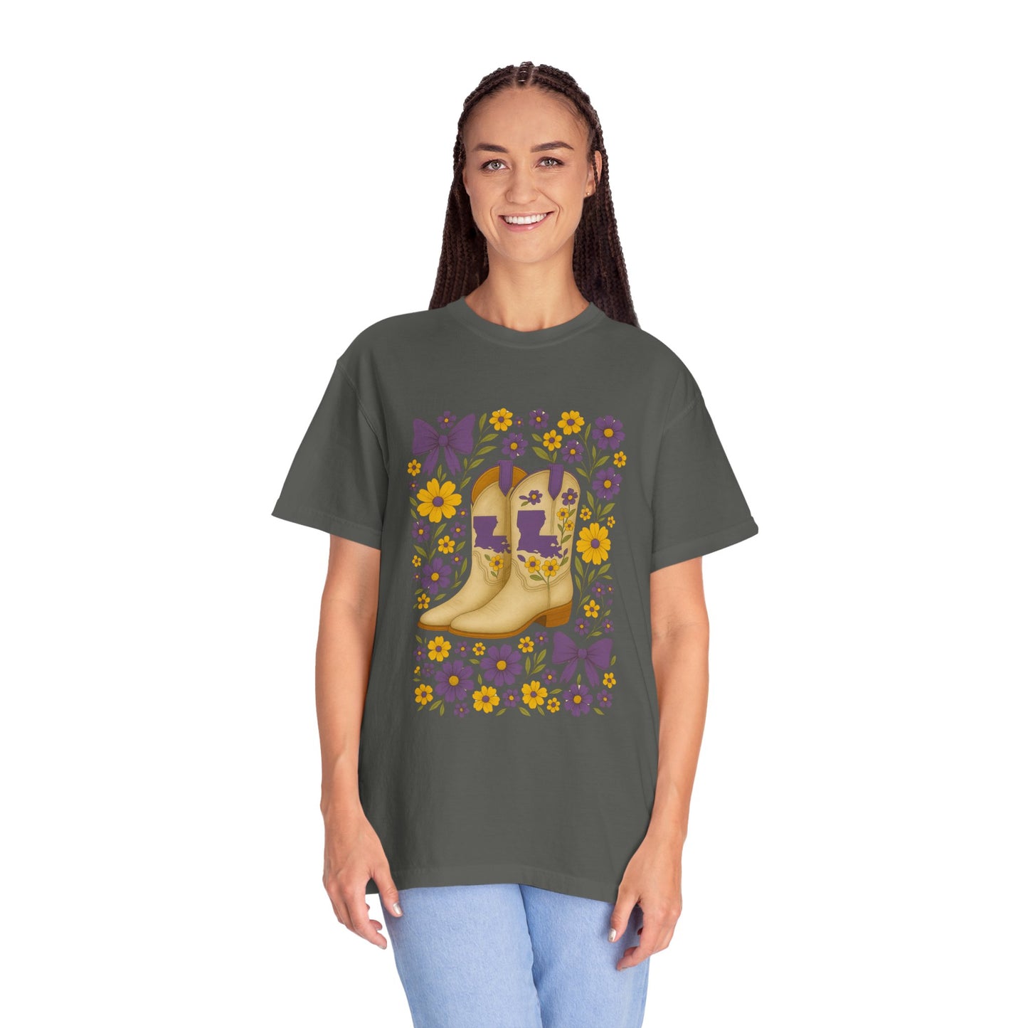 T-Shirt - Western Floral Boot T-Shirt, Vintage Graphic Shirt, Gift for Cowgirl, LSU Tigers, Louisiana Game Day