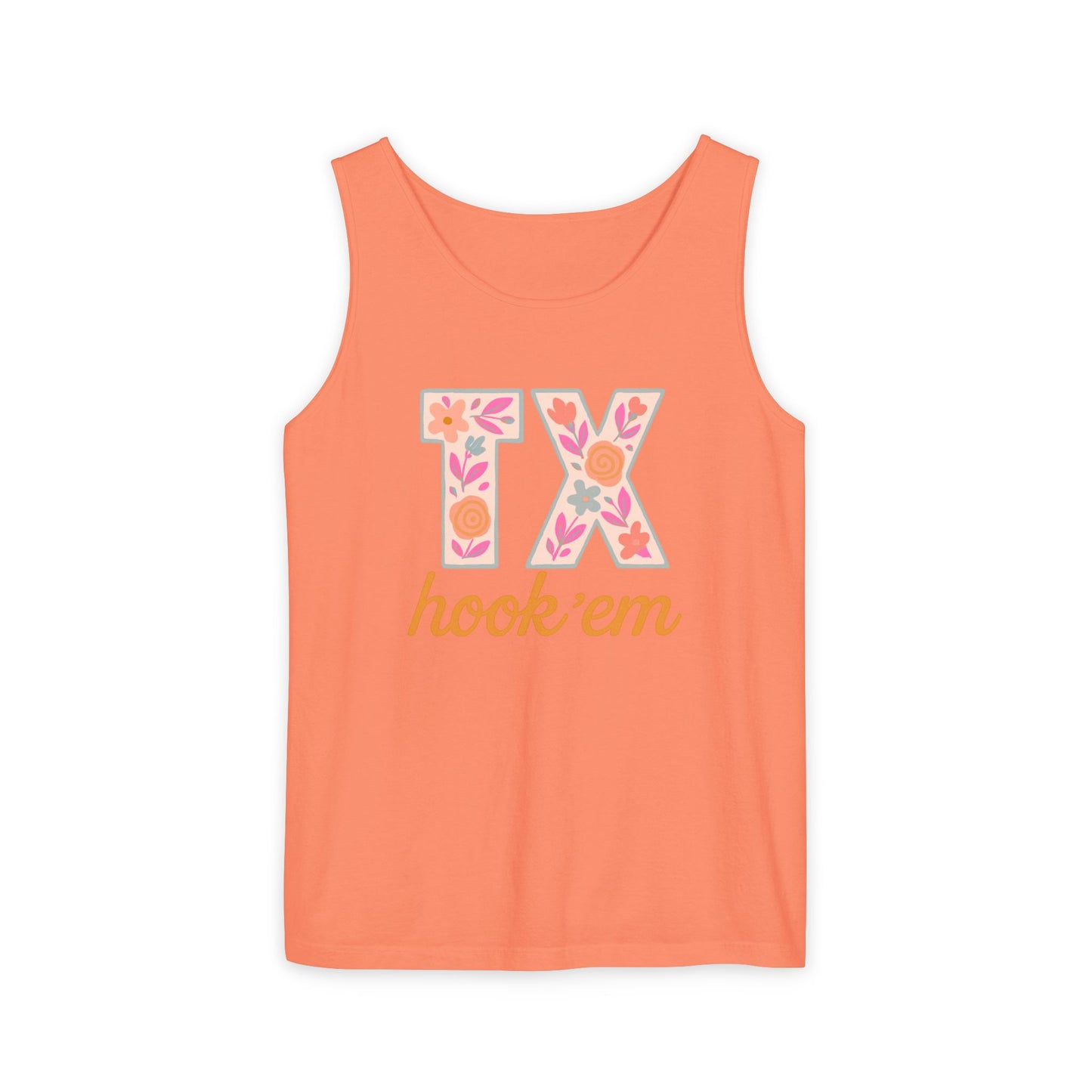 Texas Floral Hook 'Em Unisex Tank Top, Summer Vibe, Casual Wear, College Gear, Gift for Graduates, Texas Pride Apparel, Comfort Colors, Graduation Gift