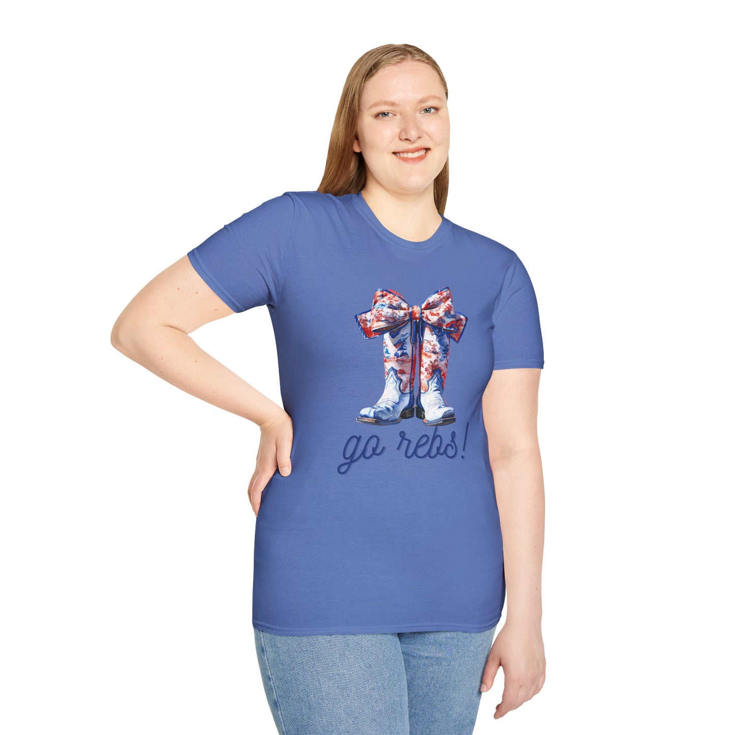 , go Rebs  Cheerful Unisex Softstyle T-Shirt with Bow Design | Gift for Sports Fans, Casual Wear, Team Spirit, Game Day Shirt, Cheerleading Top