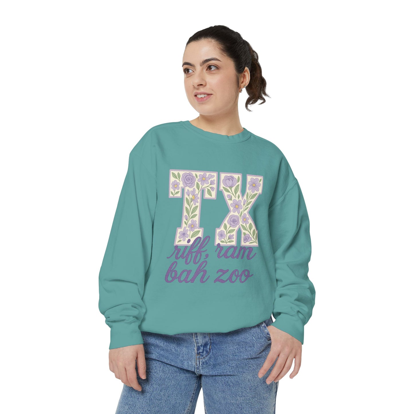 TCU Floral TX Sweatshirt - Unisex Garment-Dyed, Cozy Casual Wear, Texas Pride, Gift for Friends, College Apparel, Spring Outfits
