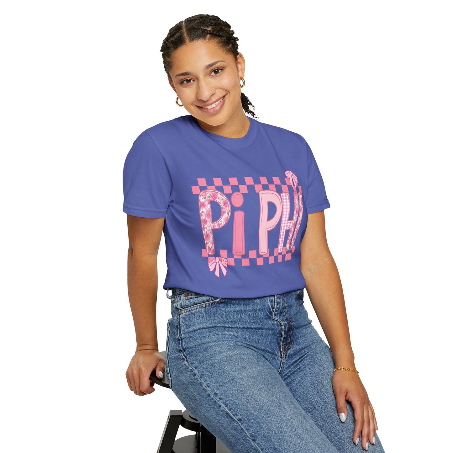 Cute Garment-Dyed T-Shirt for Sorority Sisters, Pi -Checked Style, Perfect for Casual Outings, Sorority Events, Gifts