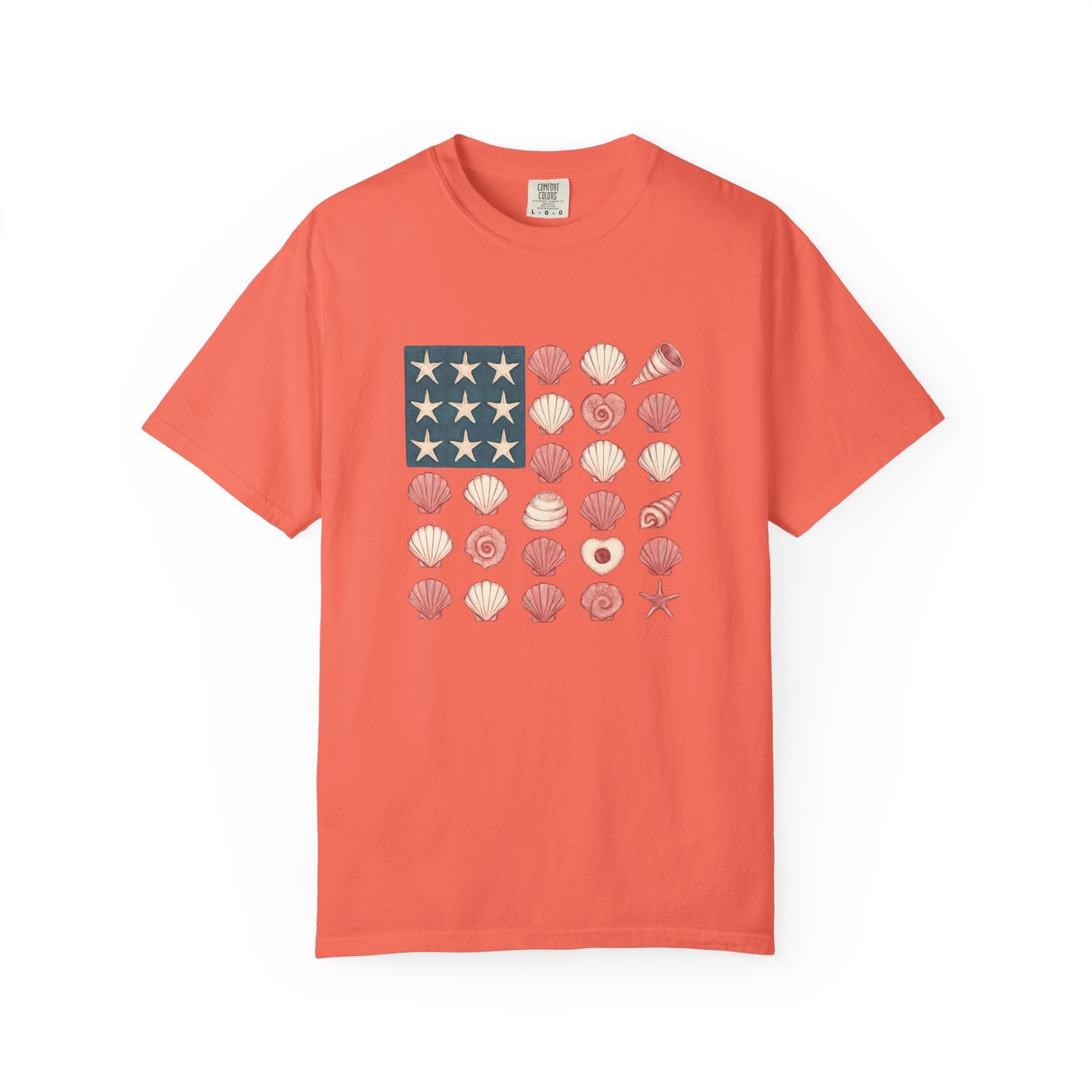 Comfort Colors-Seashell Flag T-Shirt, Unisex, American Flag, Beach Vibes, Nautical Gift, Summer Vibes, July 4th
