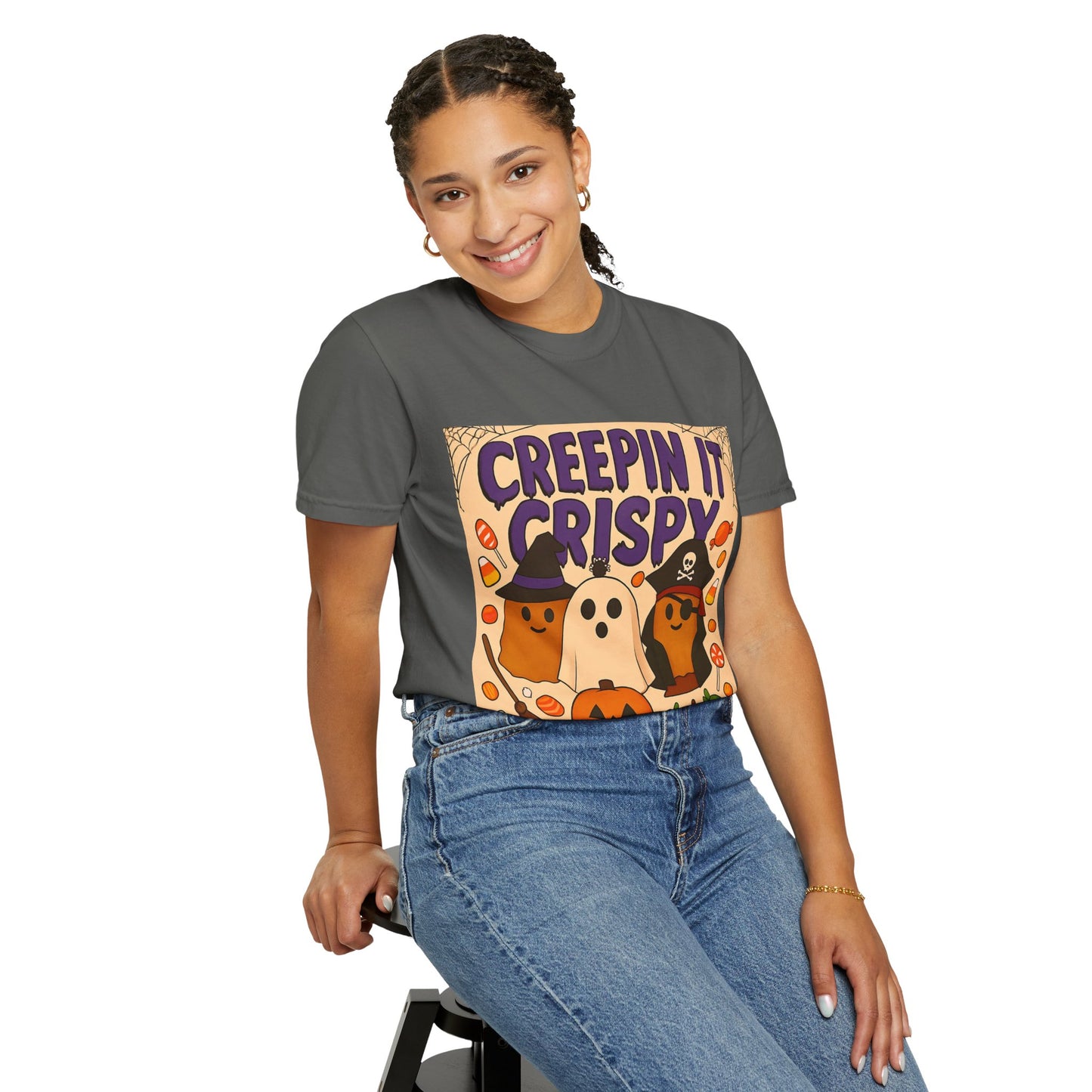 Halloween Themed T-Shirt, Creepin It Crispy T-Shirt, Unisex Shirt for Fall, Cute Halloween Tee, Festive Ghost & Candy Design