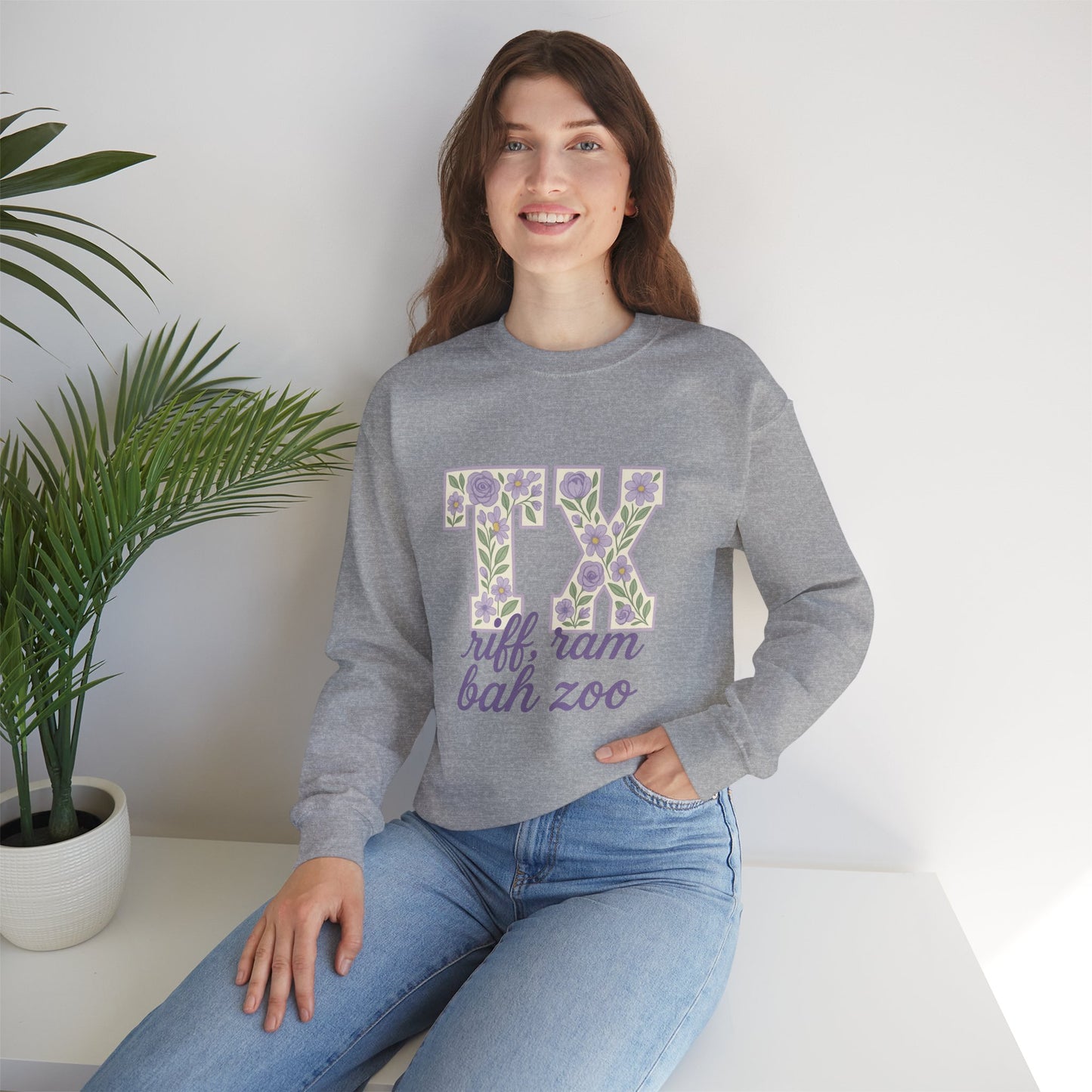 Texas Floral Sweatshirt, Cozy Unisex Crewneck, TX Riff Ram Bah Zoo Pullover, Gift for College Students, Texas Pride Apparel, Spring Fashion