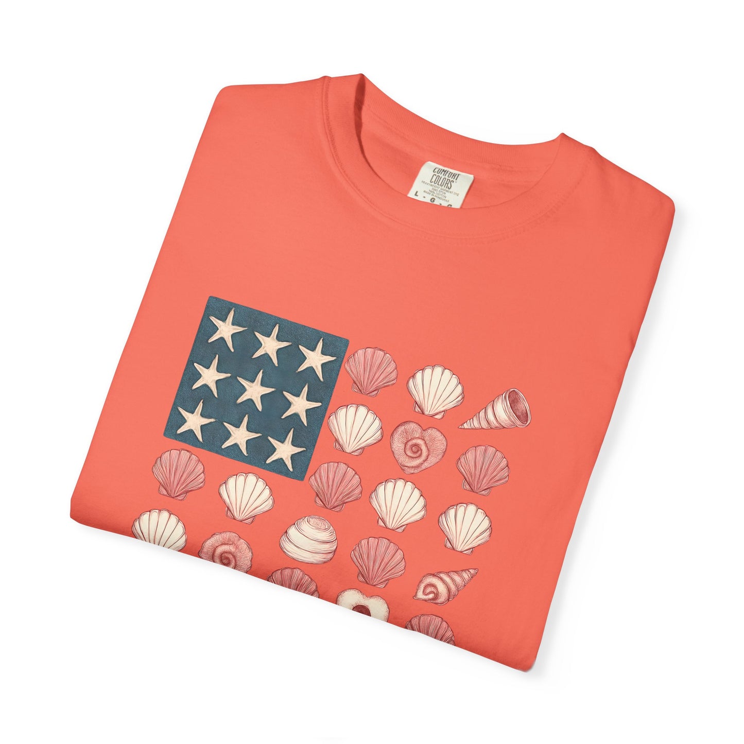 Comfort Colors-Seashell Flag T-Shirt, Unisex, American Flag, Beach Vibes, Nautical Gift, Summer Vibes, July 4th