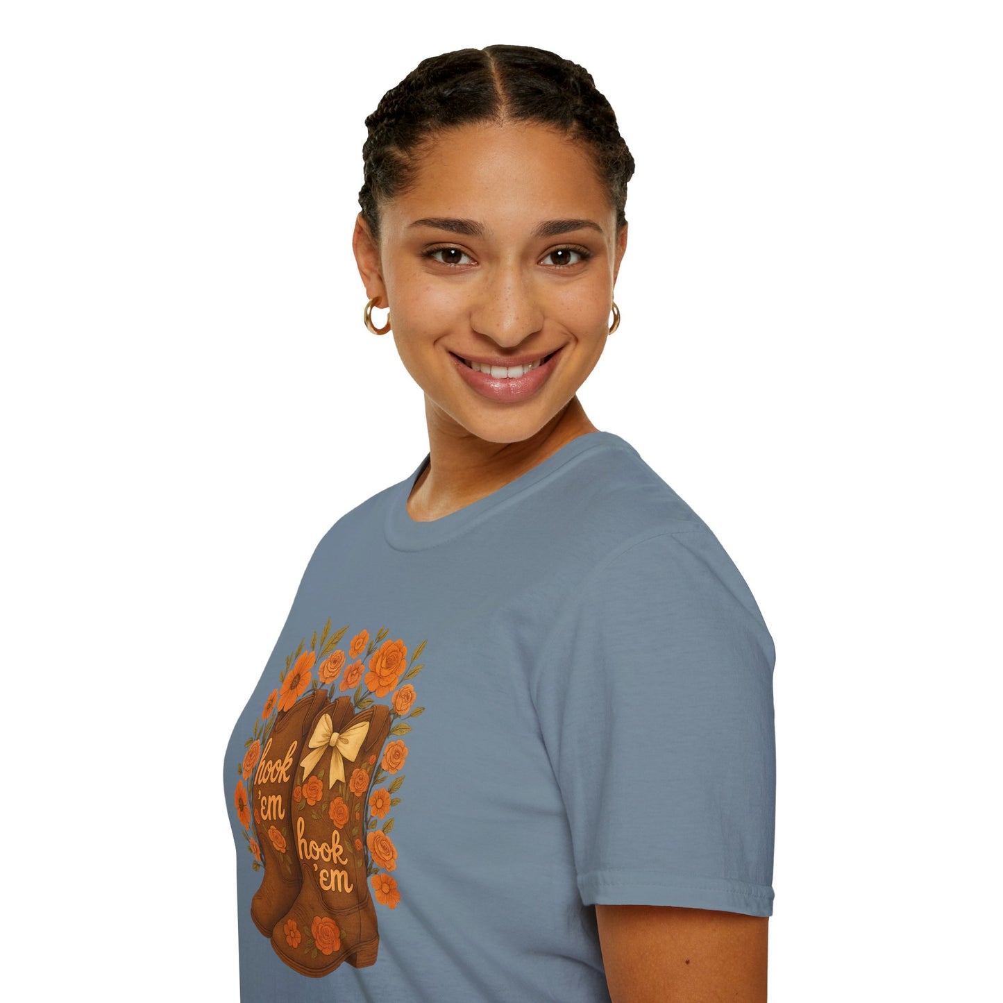 Tx Hook Em Floral Cowboy Boot T-Shirt, Hook 'Em Tee, Autumn Apparel, Country Style, Gift for Her, tx longhorns, texas fan gift, hook em horns, graduation gift, college student gift