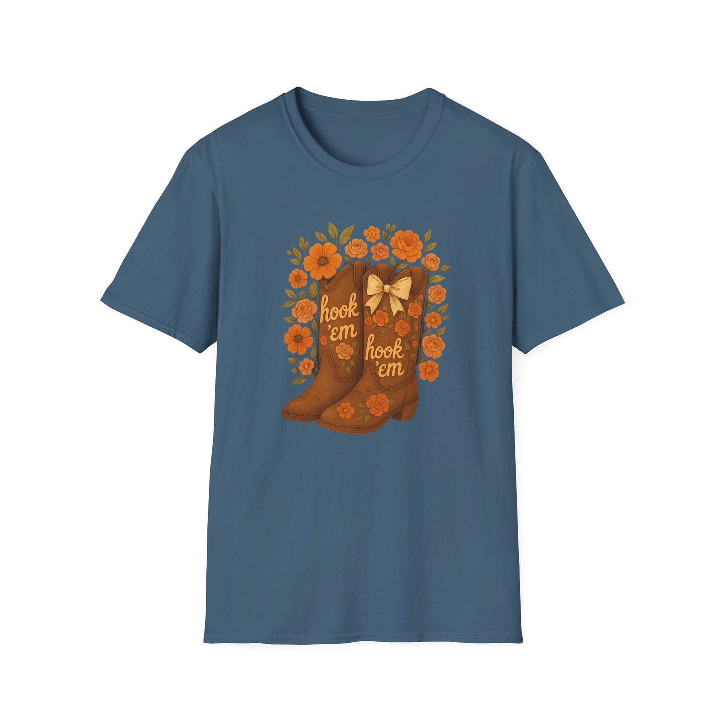 Tx Hook Em Floral Cowboy Boot T-Shirt, Hook 'Em Tee, Autumn Apparel, Country Style, Gift for Her, tx longhorns, texas fan gift, hook em horns, graduation gift, college student gift
