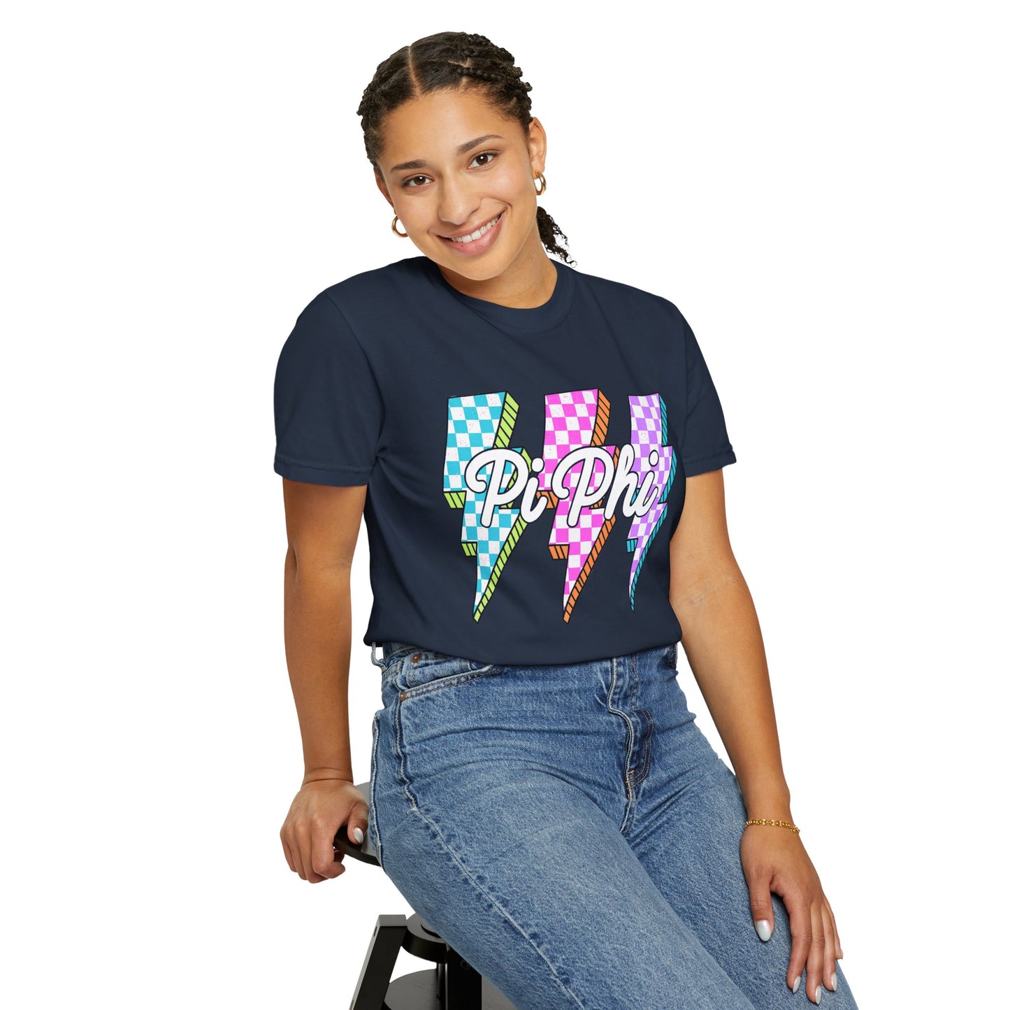 PB Phi Lightning Bolt Unisex T-shirt | Vibrant Greek Life Apparel, Unique Gift for Sorority Sisters, Casual Wear, Celebrating Sisterhood