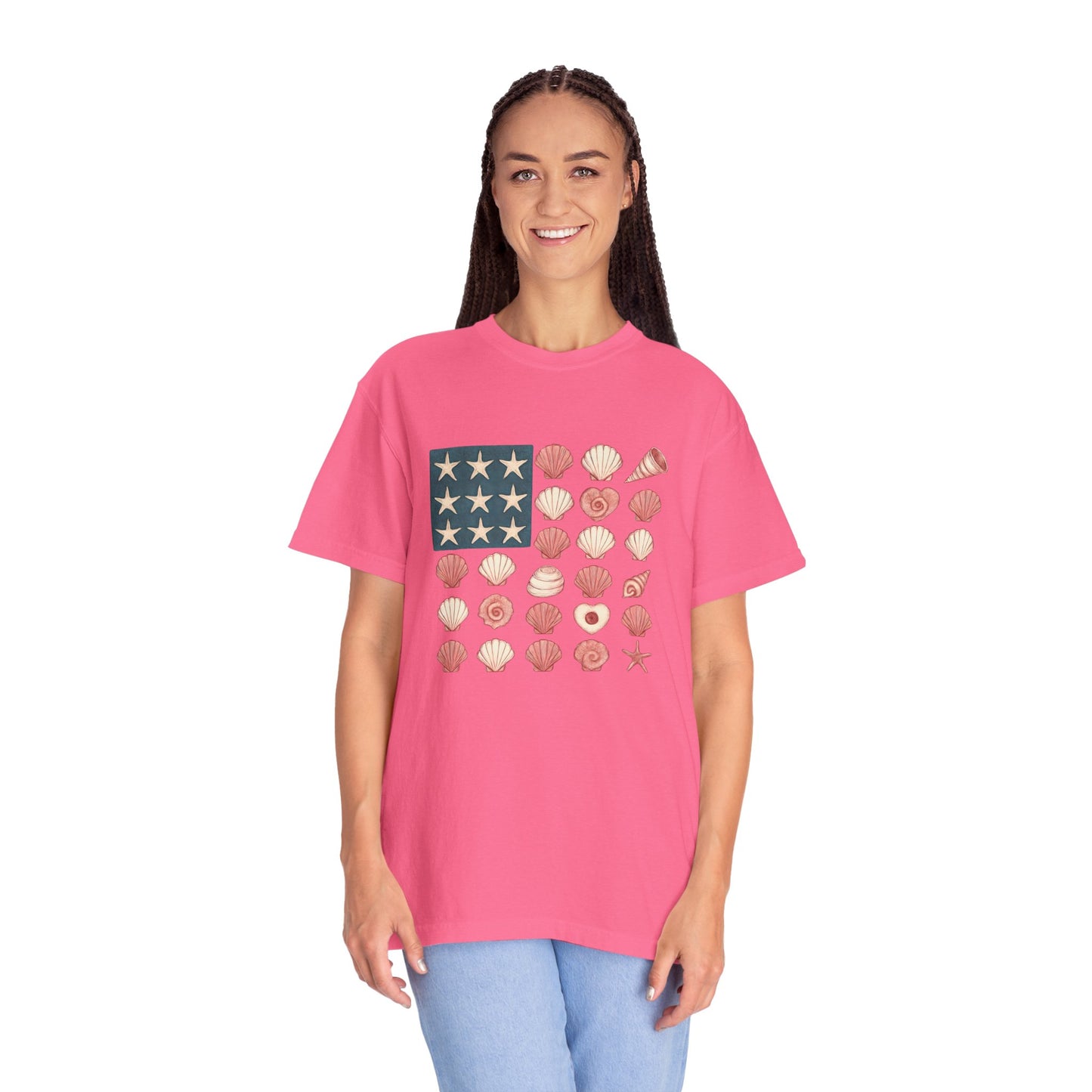 Comfort Colors-Seashell Flag T-Shirt, Unisex, American Flag, Beach Vibes, Nautical Gift, Summer Vibes, July 4th