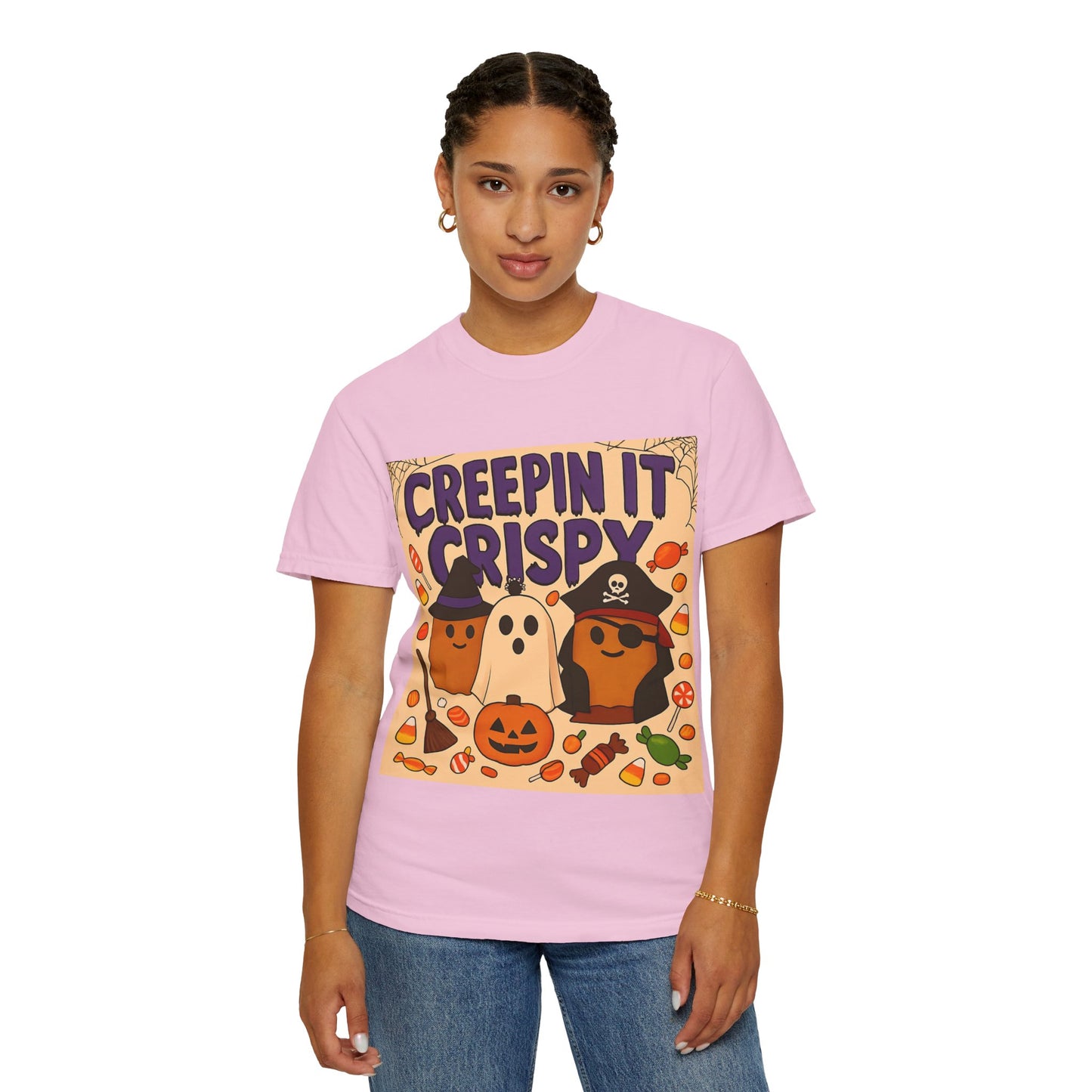 Halloween Themed T-Shirt, Creepin It Crispy T-Shirt, Unisex Shirt for Fall, Cute Halloween Tee, Festive Ghost & Candy Design