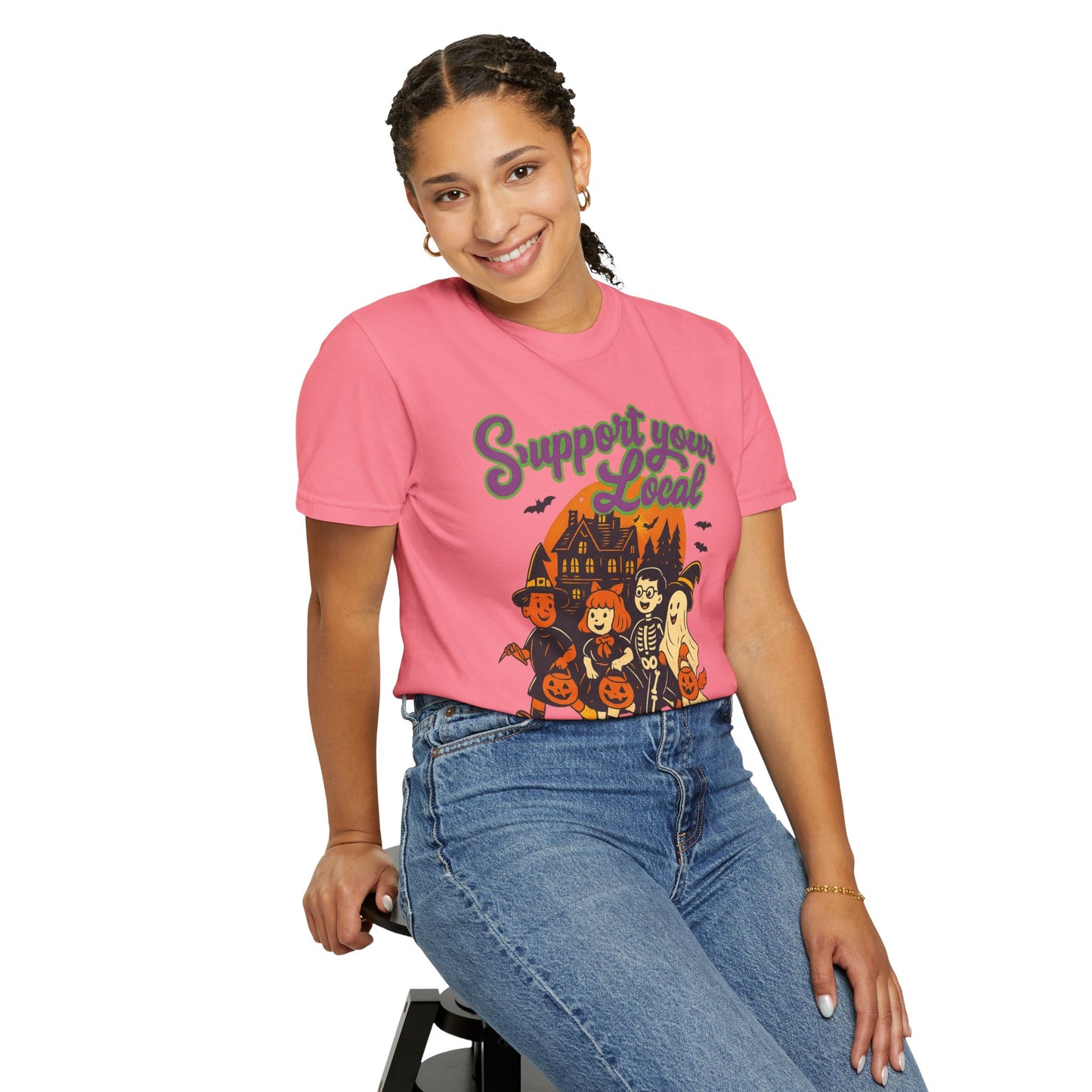 Halloween Support T-Shirt, Youth Trick or Treat Shirt, Garment-Dyed Tee for Kids, Spooky Season Apparel, Holiday Party Top, Fun Costume Wear