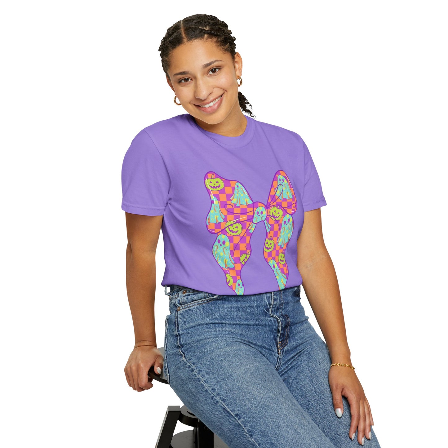 Neon Checkered Ghost Bow T-Shirt - Fun Lovers Halloween Unisex Tee