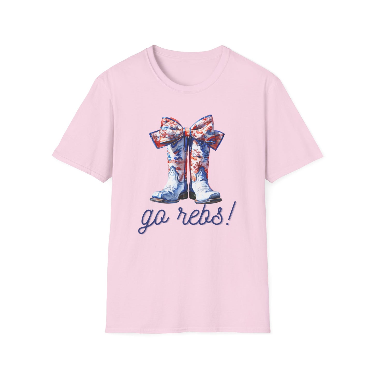 , go Rebs  Cheerful Unisex Softstyle T-Shirt with Bow Design | Gift for Sports Fans, Casual Wear, Team Spirit, Game Day Shirt, Cheerleading Top