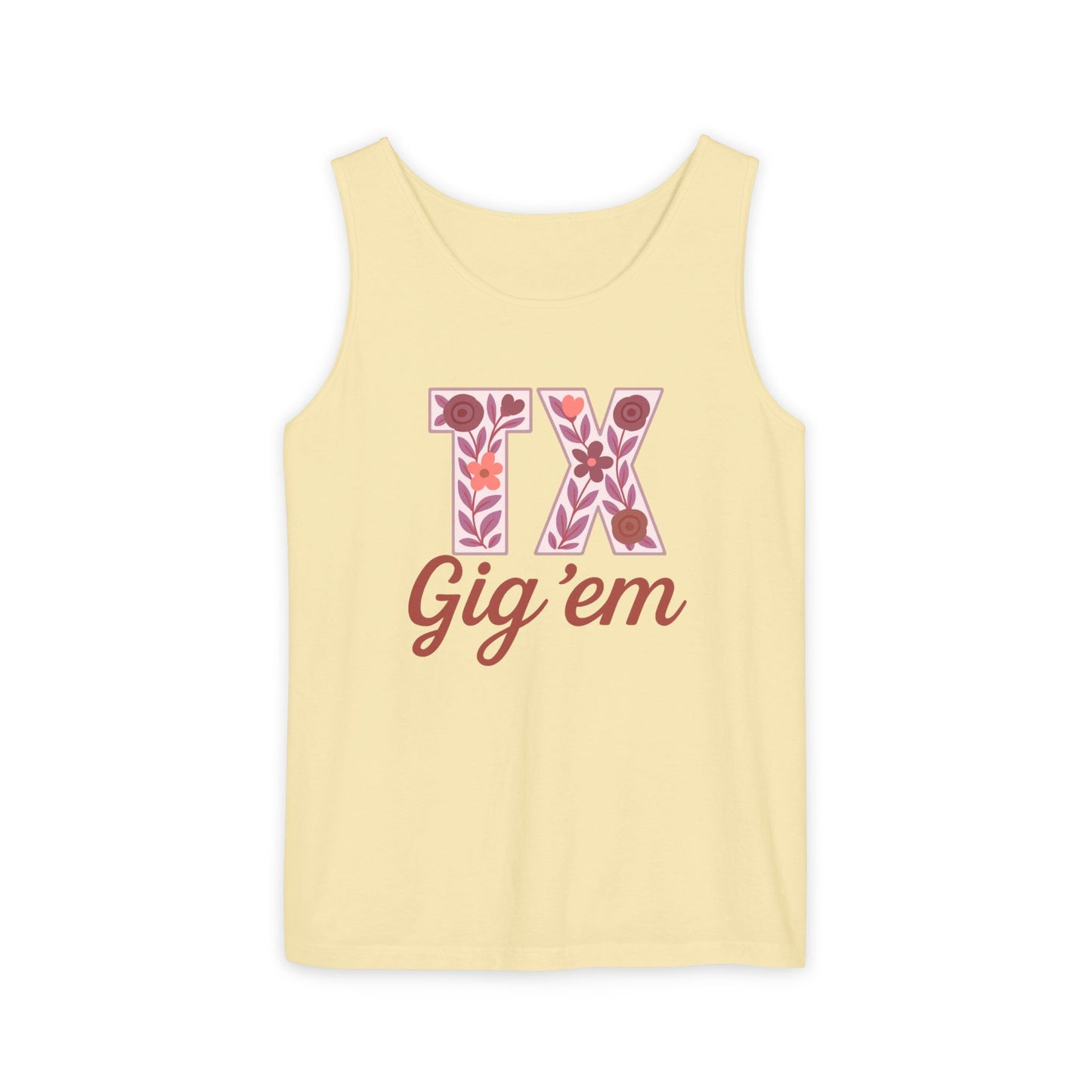 Texas Gig 'Em Tank Top, Unisex Summer Apparel, Cute Floral Design, Perfect for College Fans, Gifts, Comfort Colors, Graduation Gift