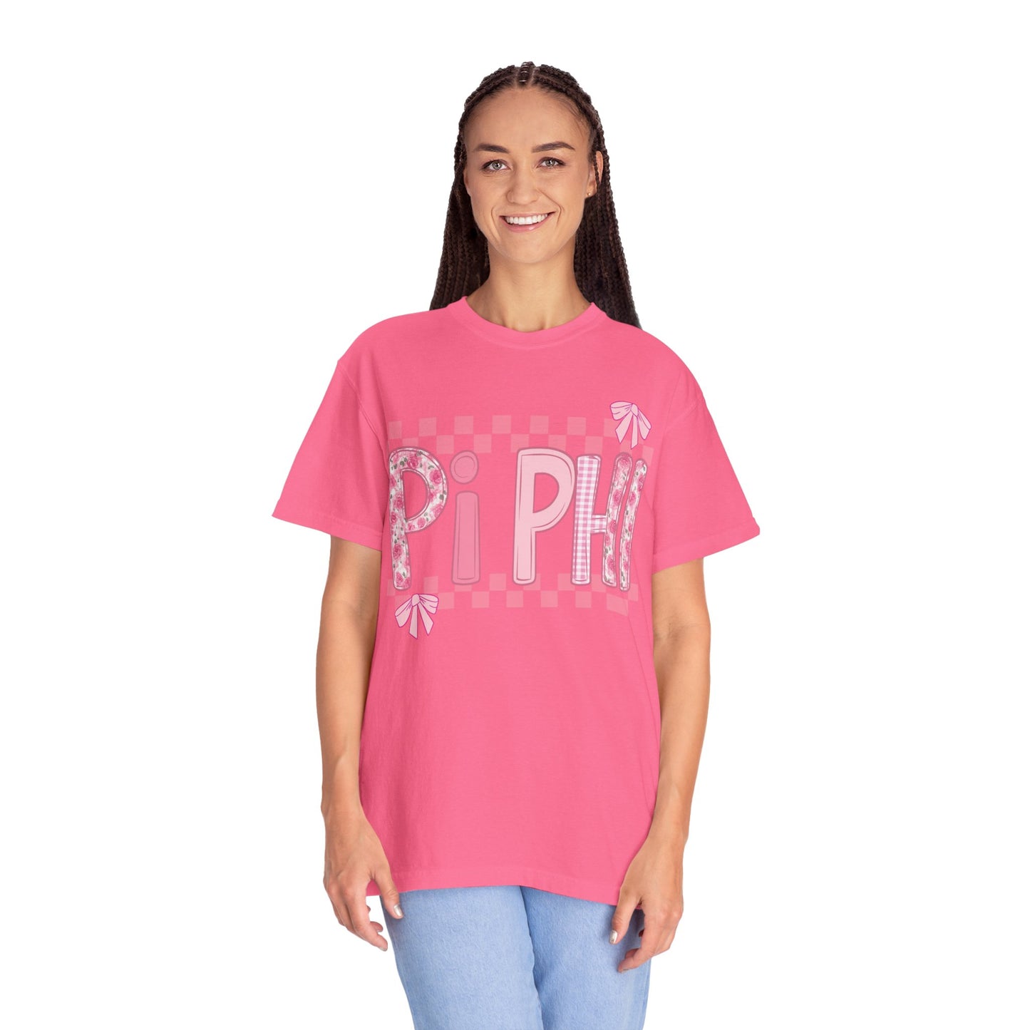 Cute Garment-Dyed T-Shirt for Sorority Sisters, Pi -Checked Style, Perfect for Casual Outings, Sorority Events, Gifts