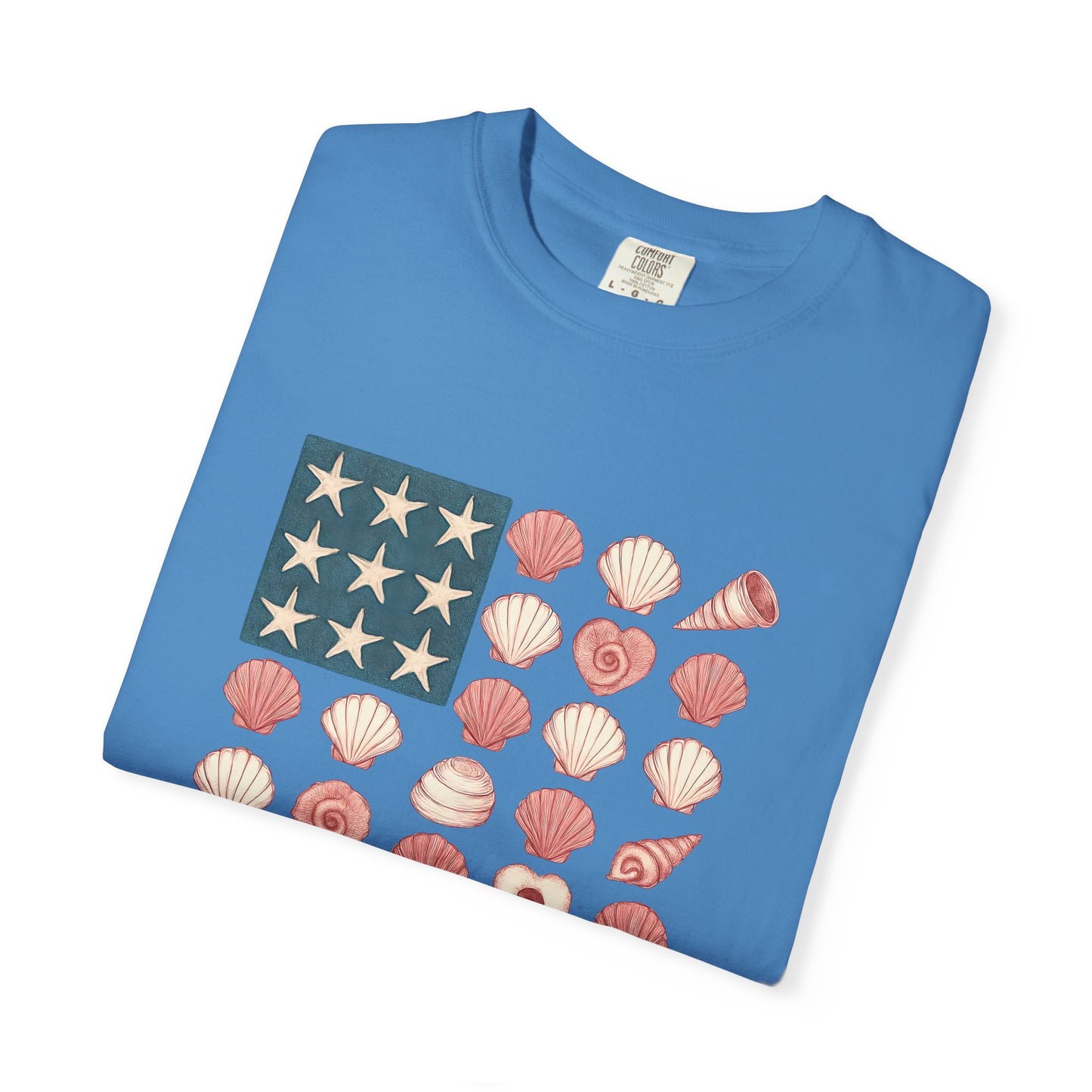 Comfort Colors-Seashell Flag T-Shirt, Unisex, American Flag, Beach Vibes, Nautical Gift, Summer Vibes, July 4th
