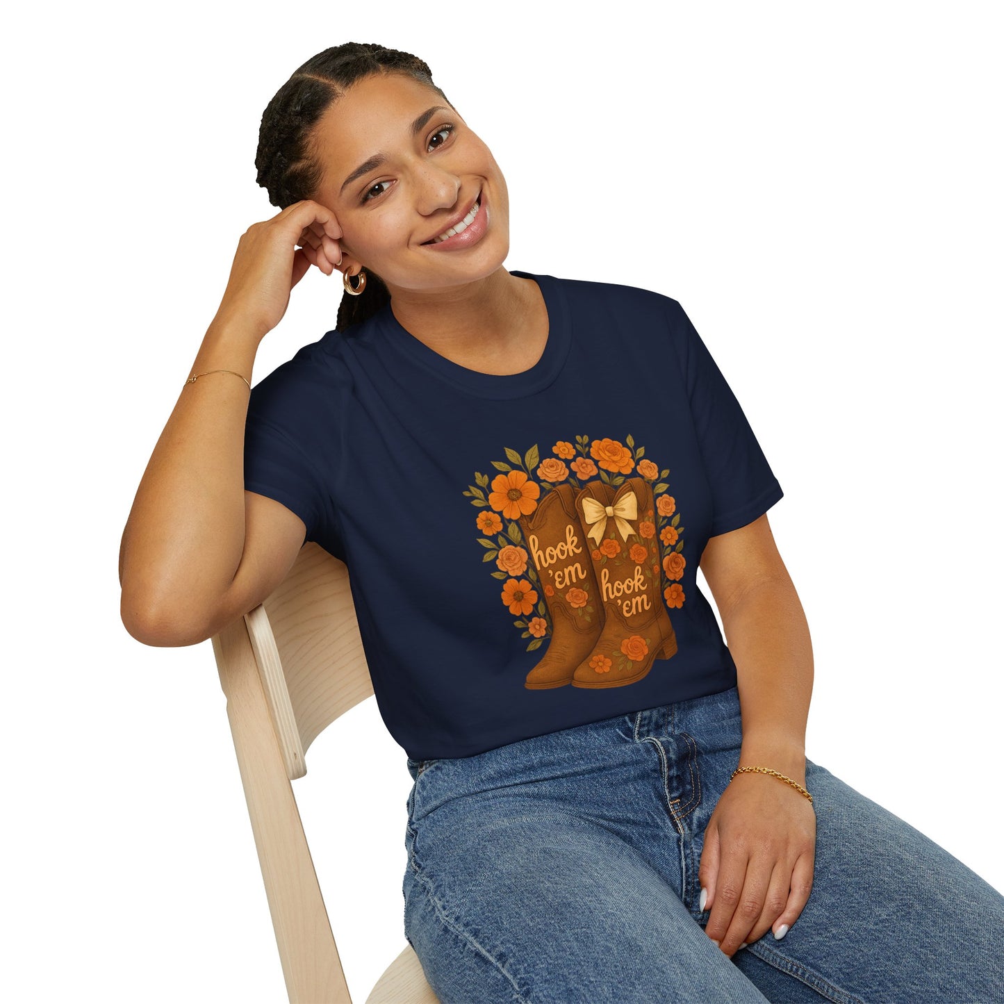 Tx Hook Em Floral Cowboy Boot T-Shirt, Hook 'Em Tee, Autumn Apparel, Country Style, Gift for Her, tx longhorns, texas fan gift, hook em horns, graduation gift, college student gift
