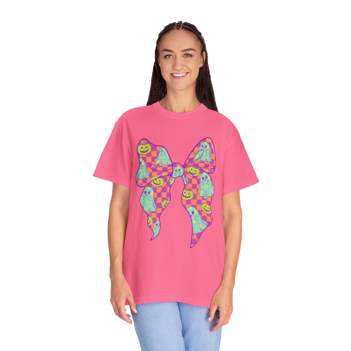 Neon Checkered Ghost Bow T-Shirt - Fun Lovers Halloween Unisex Tee