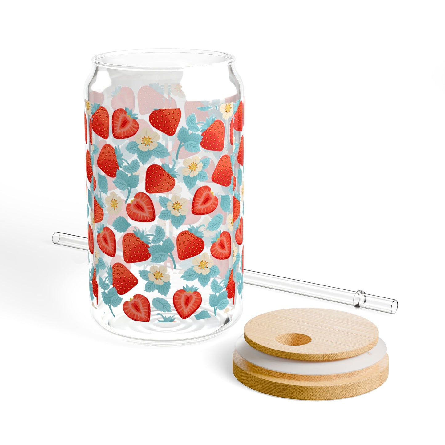 Strawberry Floral Sipper Glass, Eco-Friendly Drinkware for Summer, Mason Jar Style, Perfect for Picnics, Gifts, Home Decor