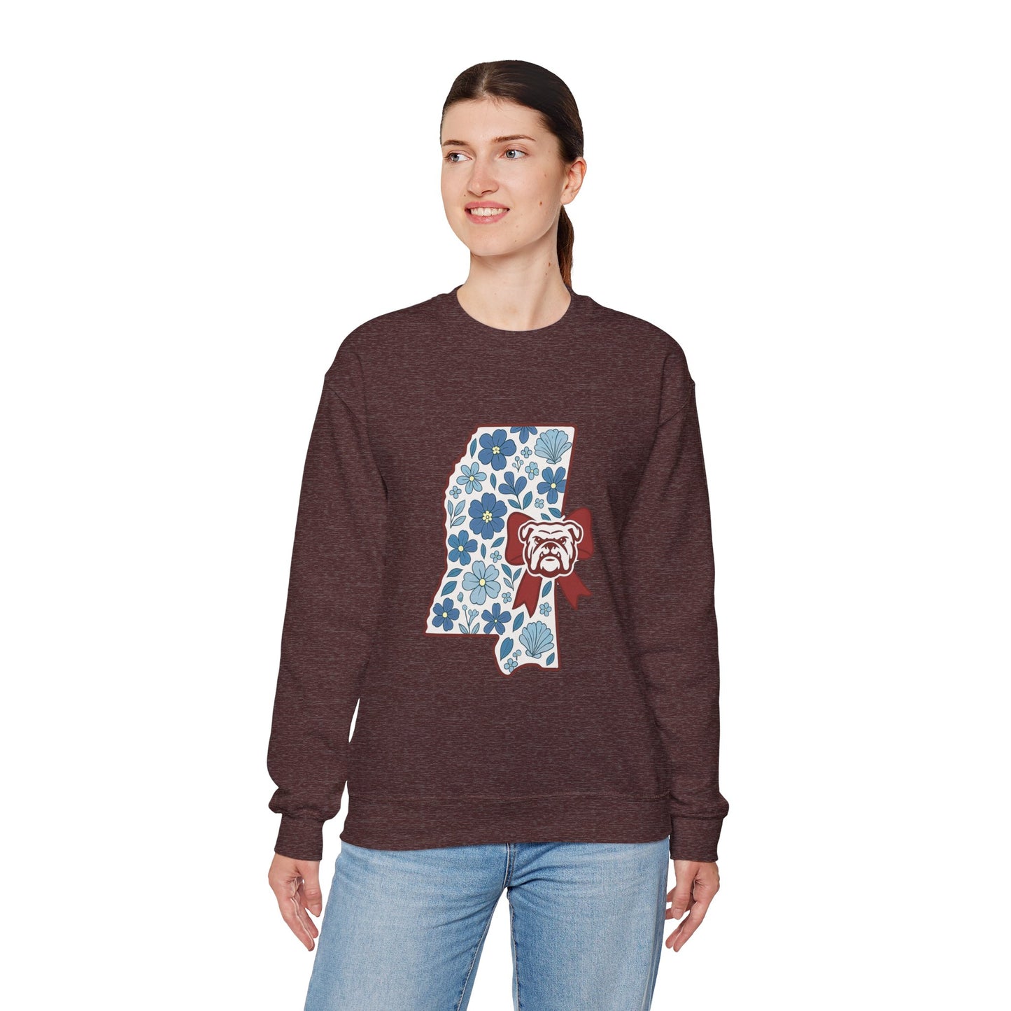 Mississippi Flower Bulldog Crewneck Sweatshirt, Cozy Sweatshirt for Fall, Gift for Dog Lovers, College Apparel, Casual Fashion
