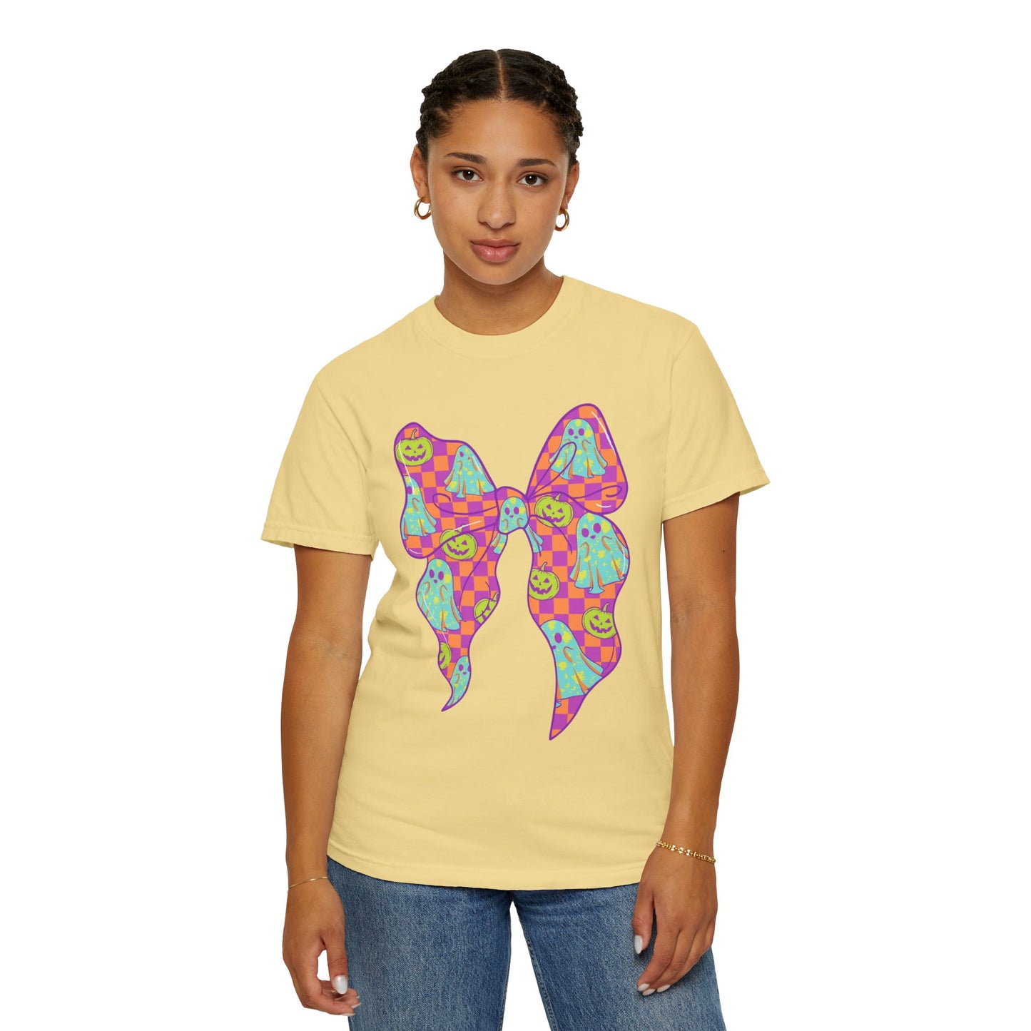 Neon Checkered Ghost Bow T-Shirt - Fun Lovers Halloween Unisex Tee
