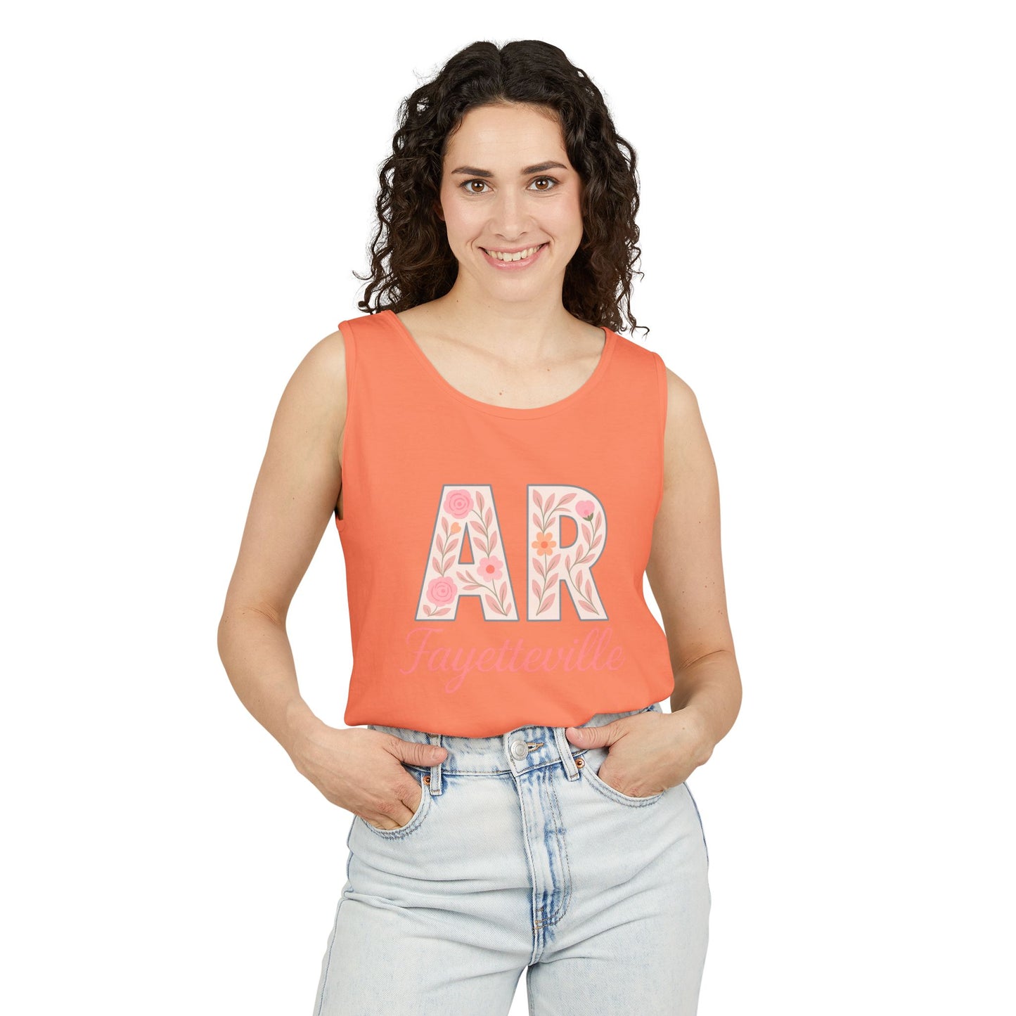 Fayetteville Floral Tank Top, Casual Summer Top, Gift for Her, Travel Apparel, Arkansas Style, Arkansas Student Gift, Graduation Gift, Comfort Colors