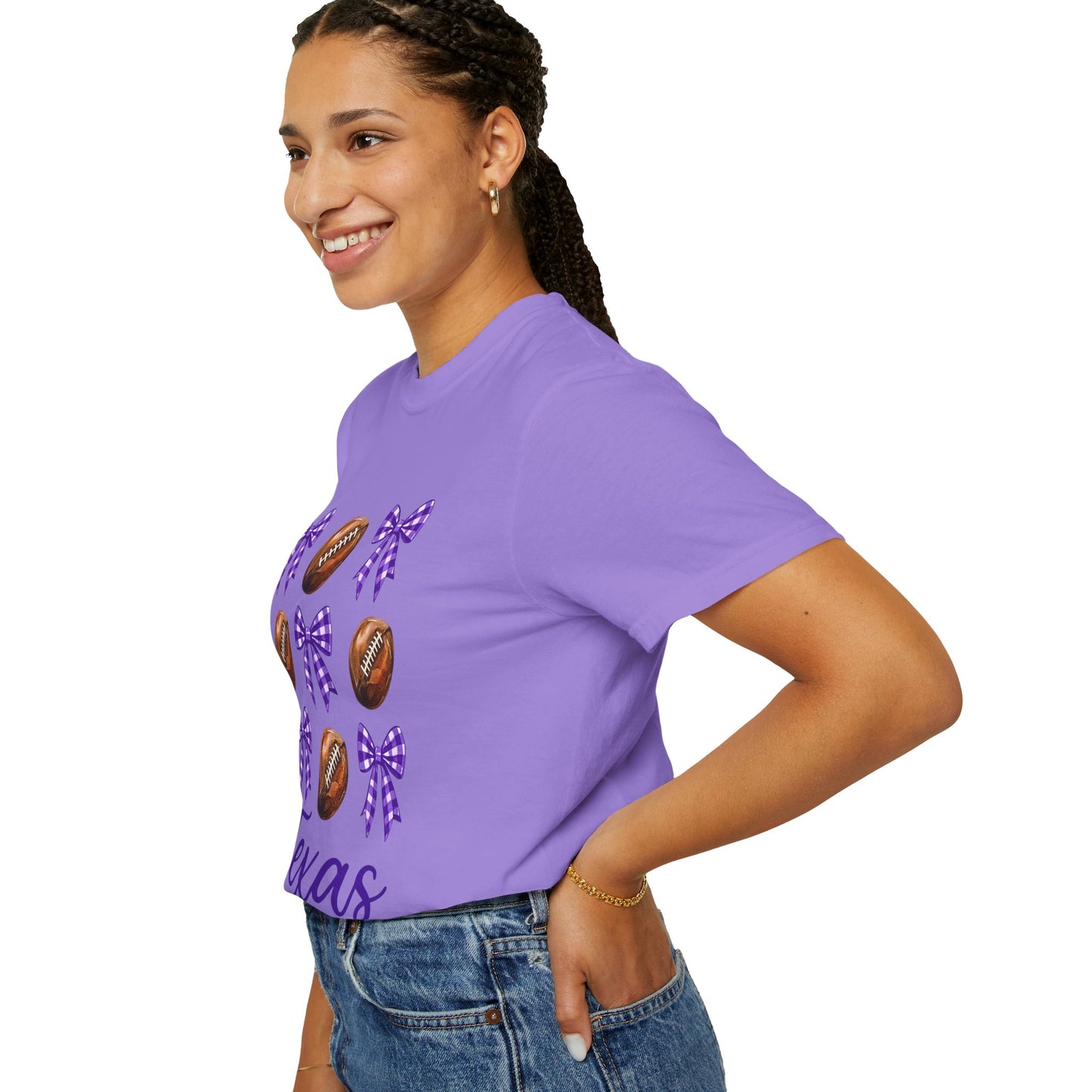Texas Football Unisex T-Shirt with Purple Bows - Game Day Sports Apparel for Horned Frogs Fans