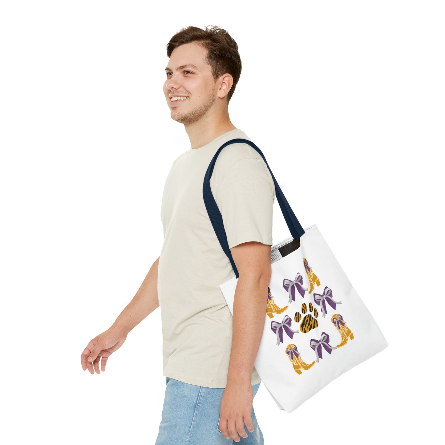 LSu coquette bow Print Tote Bag, Eco-Friendly Fashion Bag, lsu tiger fan, louisiana game day, geaux tigers, college student gift, graduation gift