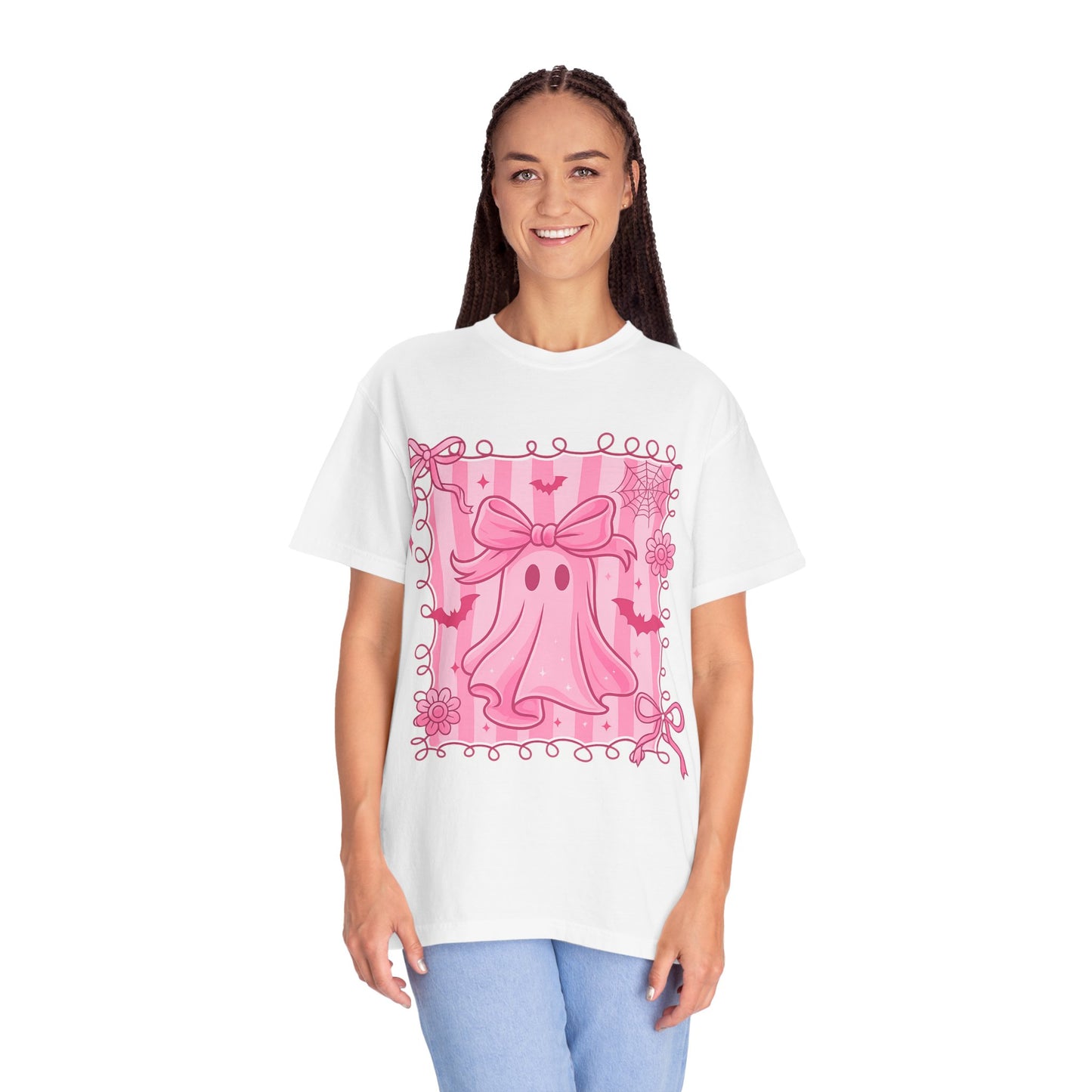 Cute Pink Ghost Graphic T-Shirt, Pink Halloween Tee, Unisex Garment-Dyed Top, Spooky Style for Fall, Trick or Treat Fashion