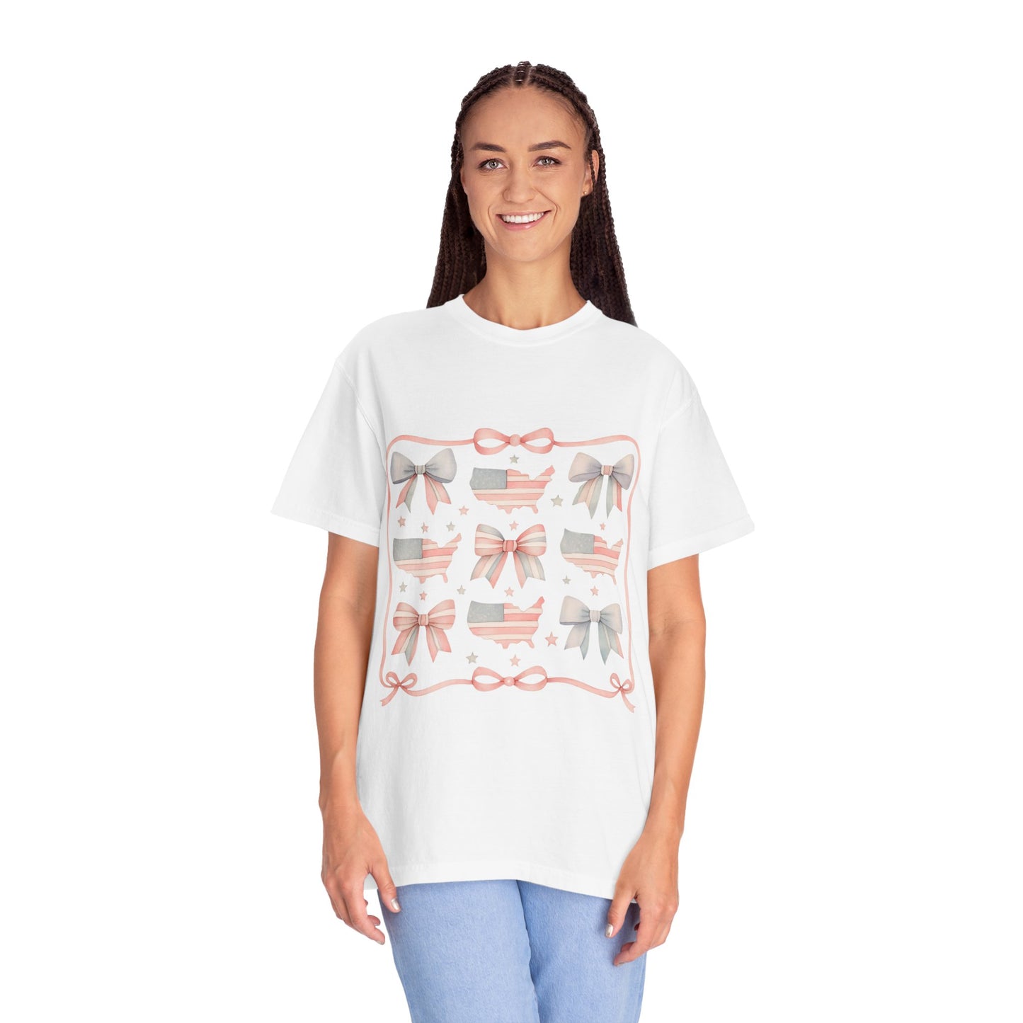 America Coquette Cute Bow Pattern Comfort Colors Unisex T-Shirt - 4th of July USA Celebration