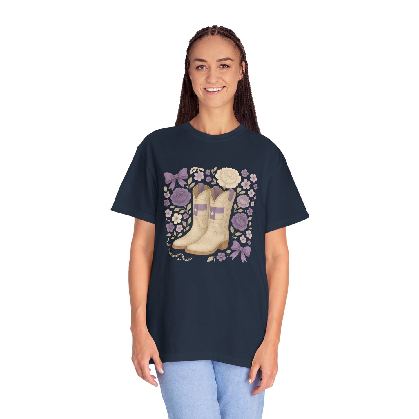 Whimsical Floral Boots Unisex T-Shirt | Casual Style, Gift for Her, Texas Christian University, TCU Frogs, Comfort Colors, Texas Fan gift, Graduation Gift