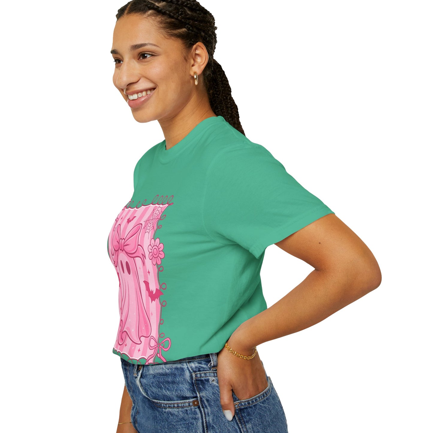 Cute Pink Ghost Graphic T-Shirt, Pink Halloween Tee, Unisex Garment-Dyed Top, Spooky Style for Fall, Trick or Treat Fashion