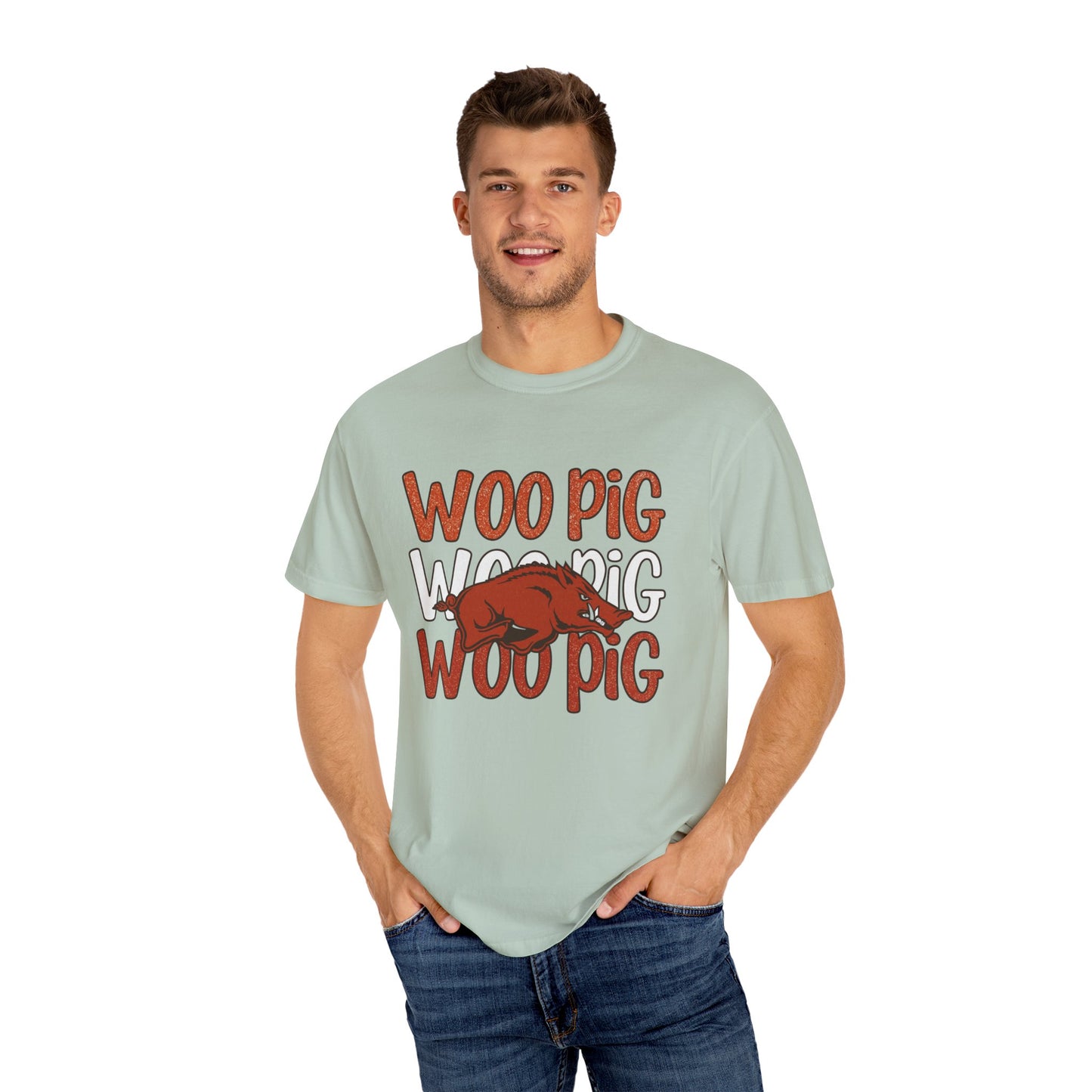 Woo Pig Garment-Dyed T-Shirt, Unisex Tee, Arkansas Pride Shirt, Casual Everyday Wear, College Game Day Tee, Fun Graphic Tee