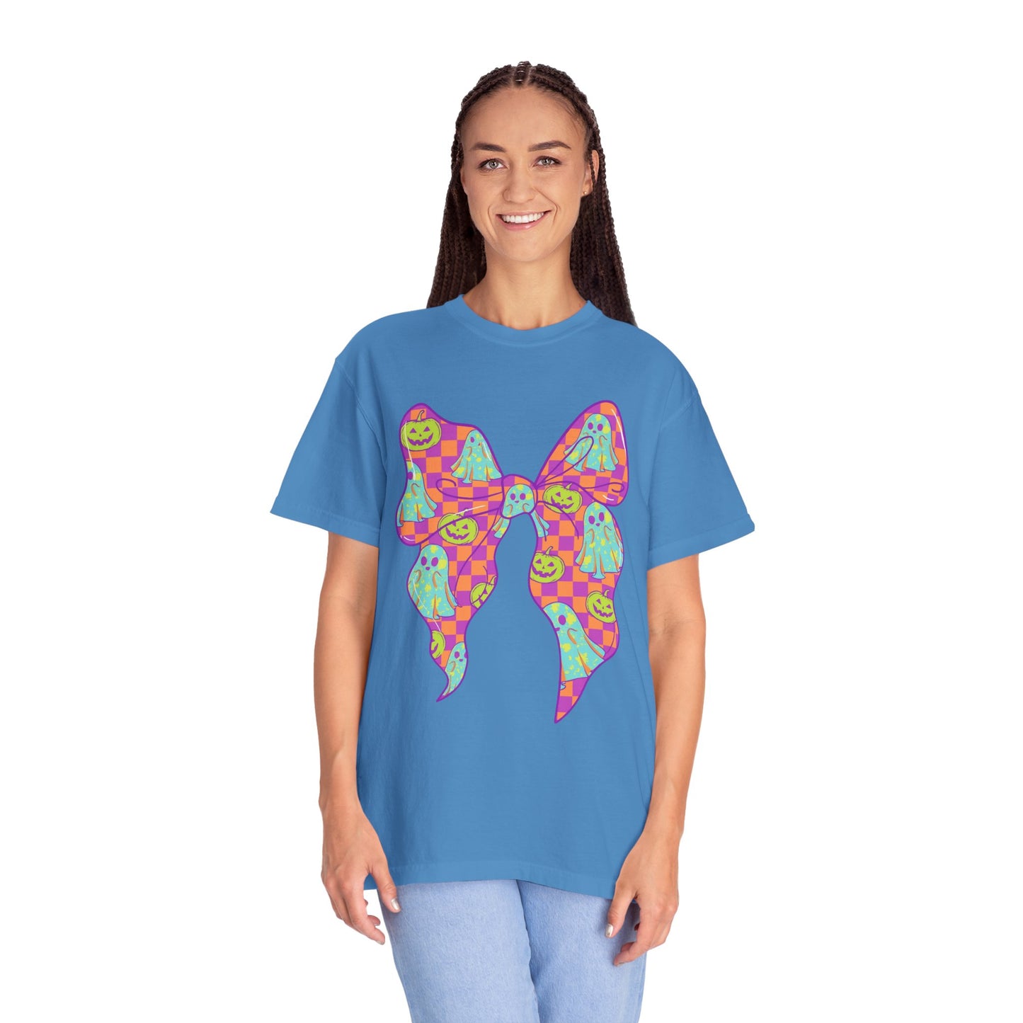 Neon Checkered Ghost Bow T-Shirt - Fun Lovers Halloween Unisex Tee