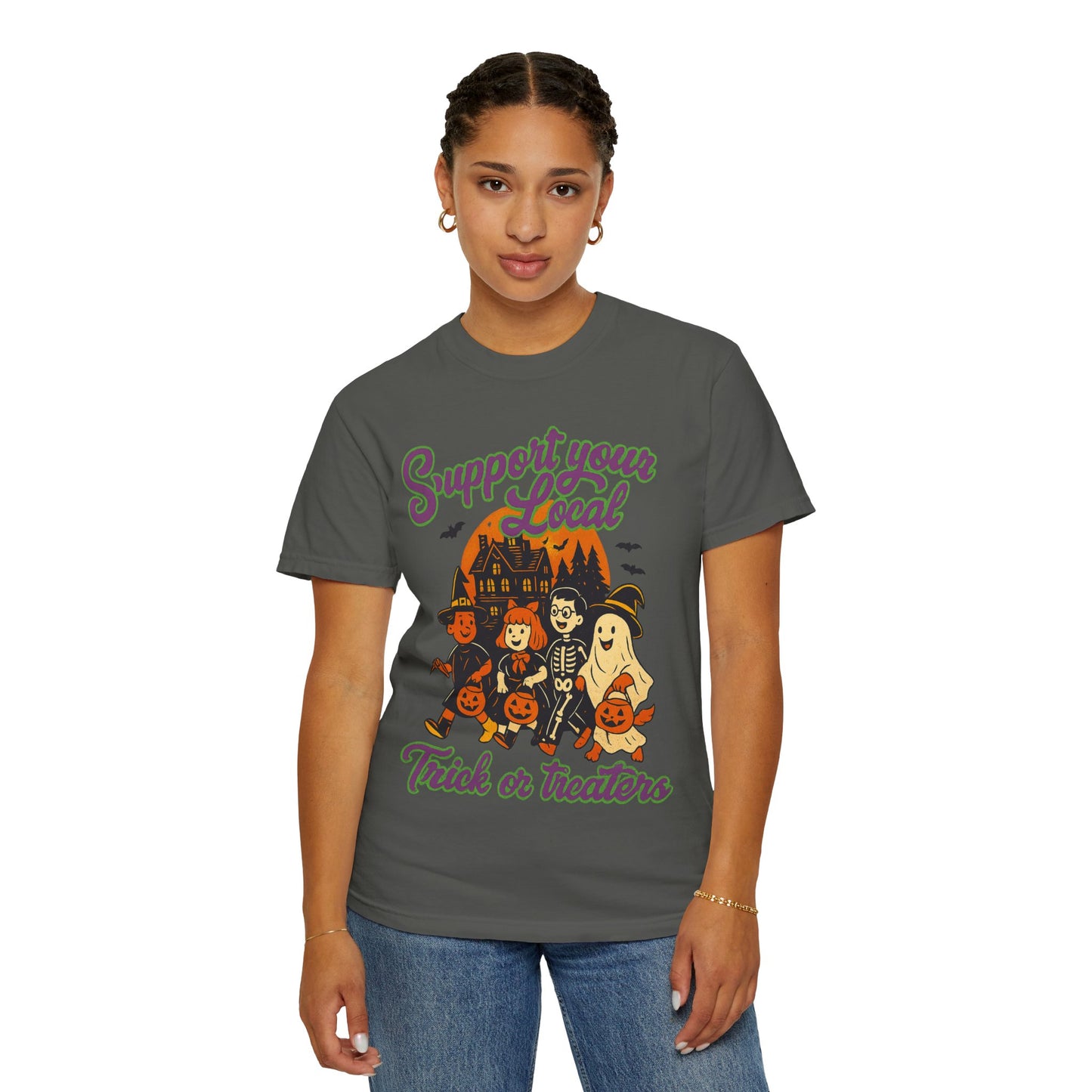 Halloween Support T-Shirt, Youth Trick or Treat Shirt, Garment-Dyed Tee for Kids, Spooky Season Apparel, Holiday Party Top, Fun Costume Wear