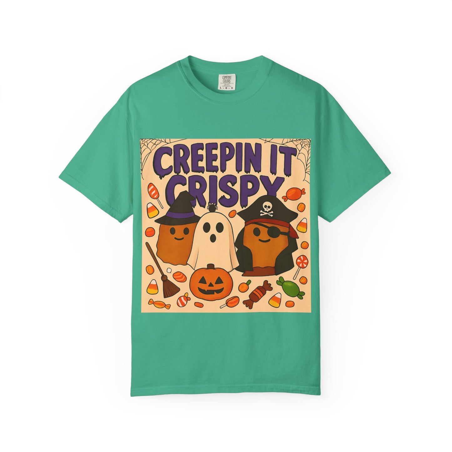 Halloween Themed T-Shirt, Creepin It Crispy T-Shirt, Unisex Shirt for Fall, Cute Halloween Tee, Festive Ghost & Candy Design