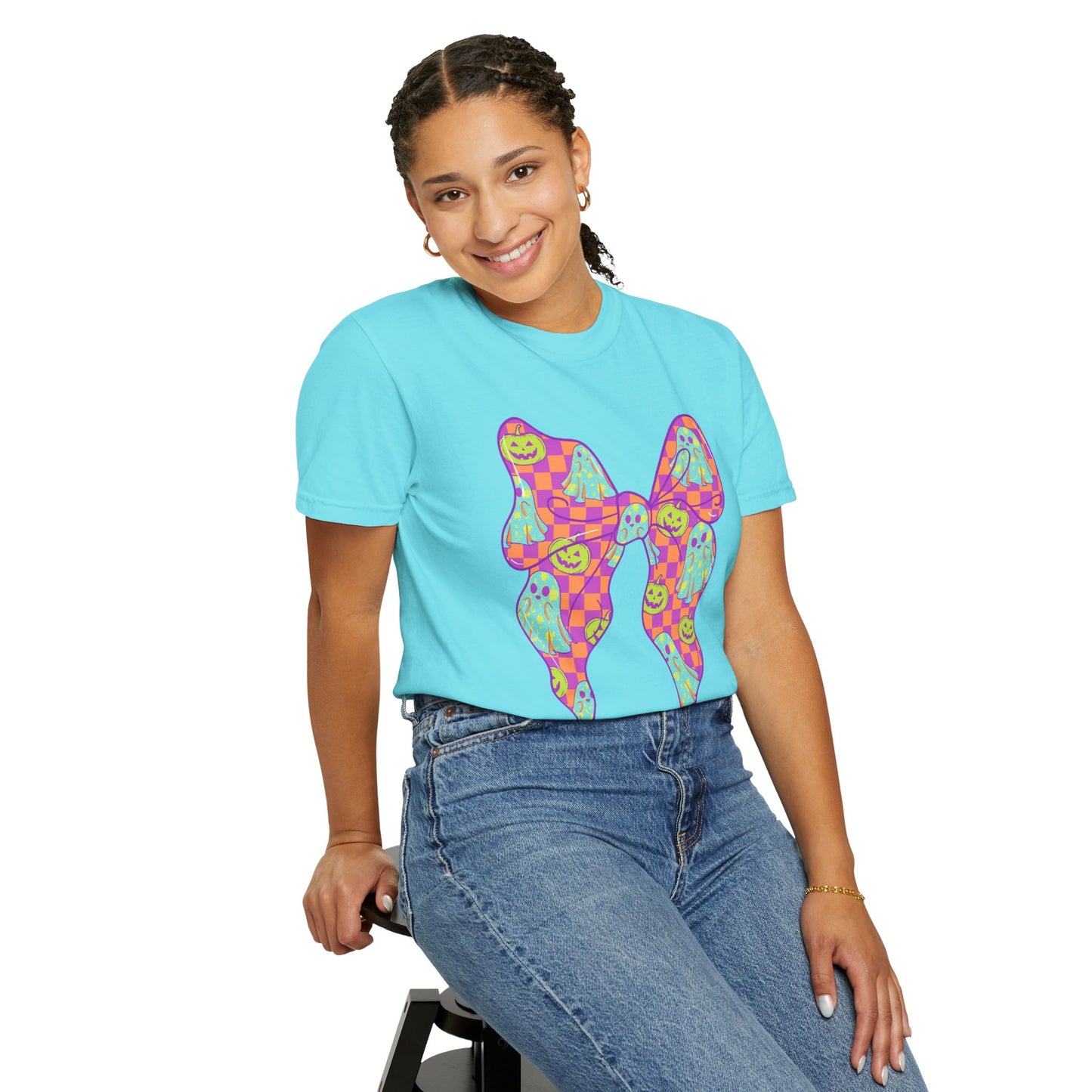 Neon Checkered Ghost Bow T-Shirt - Fun Lovers Halloween Unisex Tee