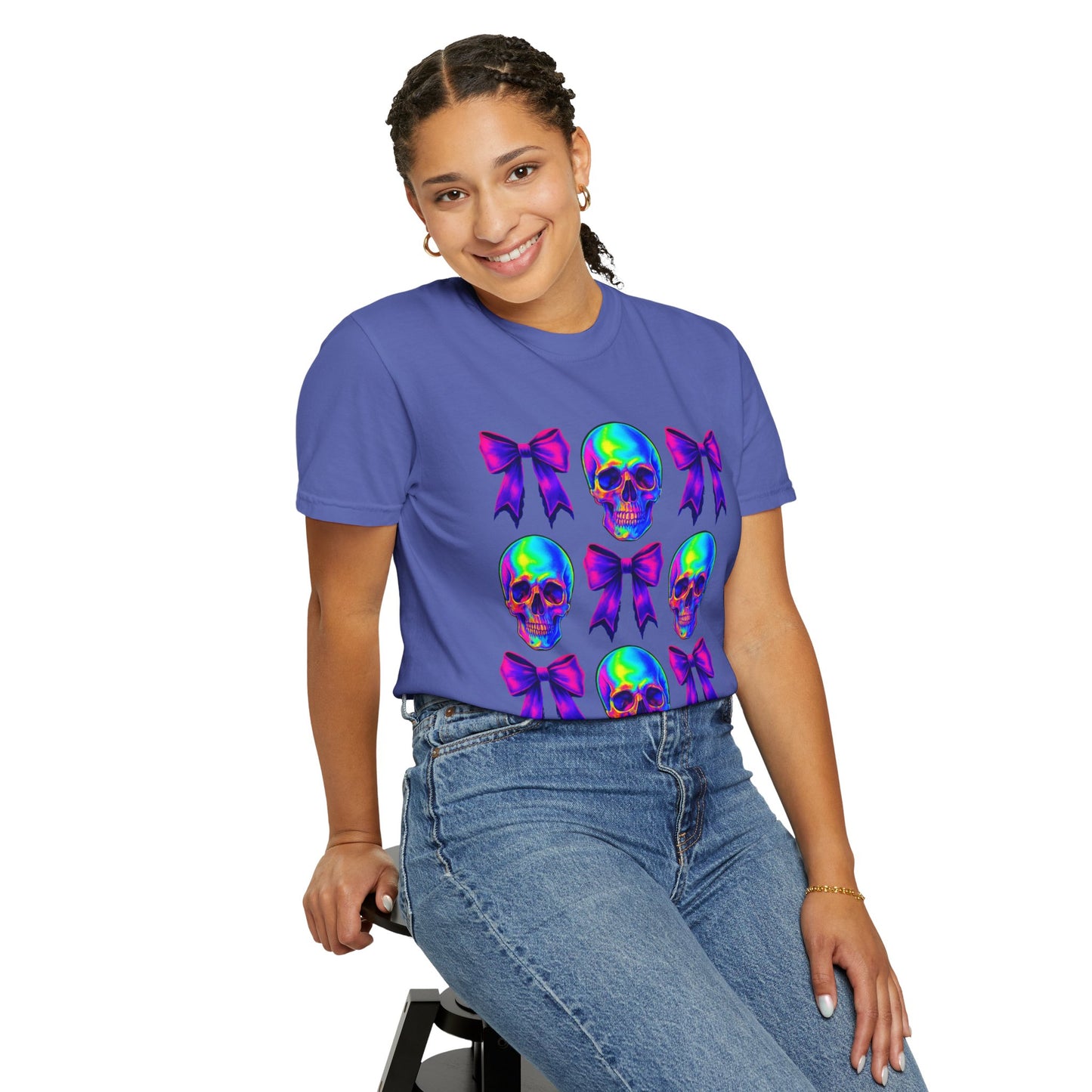 Neon Skull and Bow Unisex T-Shirt | Trendy Graphic Tee for Halloween, Festivals, Casual Wear, Gifts