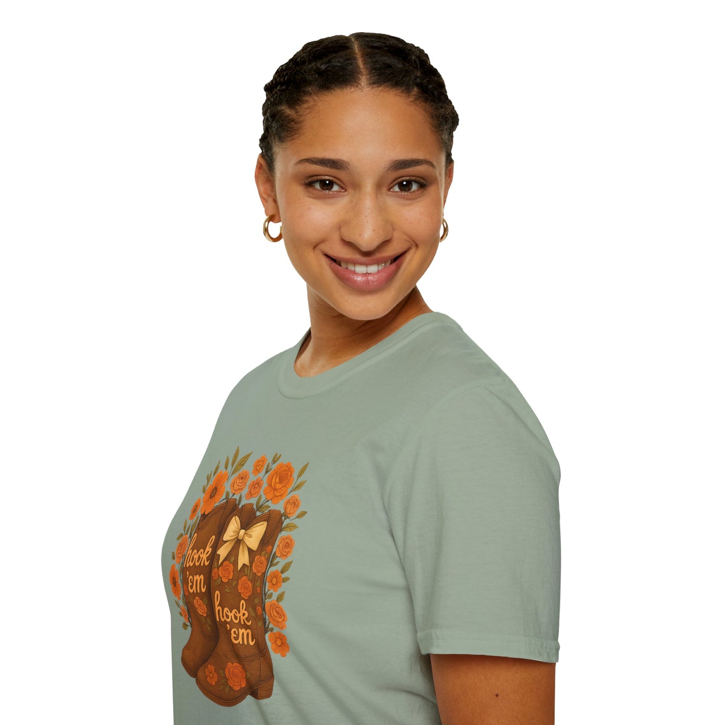 Tx Hook Em Floral Cowboy Boot T-Shirt, Hook 'Em Tee, Autumn Apparel, Country Style, Gift for Her, tx longhorns, texas fan gift, hook em horns, graduation gift, college student gift