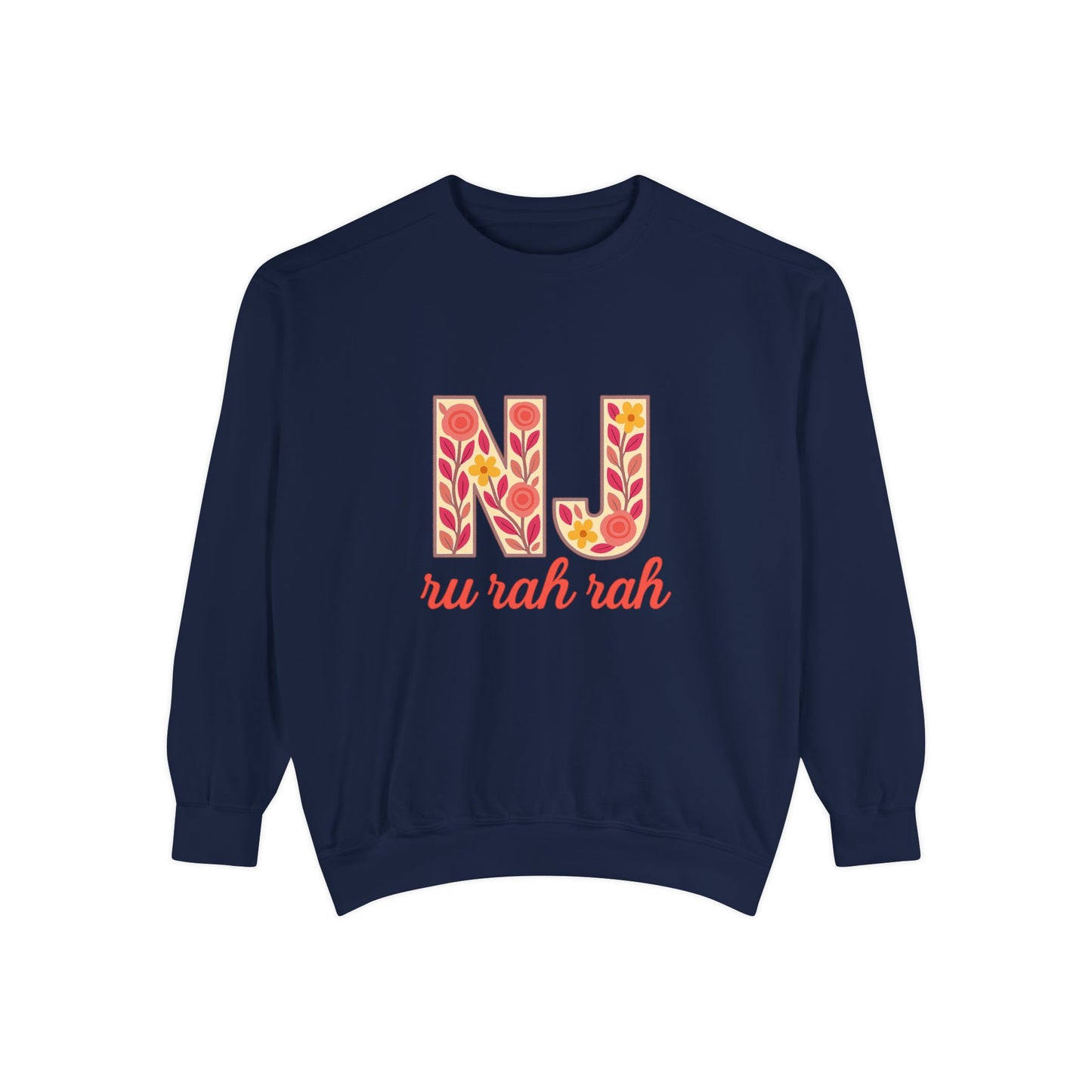 Cheerful NJ Garment-Dyed Sweatshirt, Cozy Unisex Pullover for School Spirit, Fall Fashion, Gift for College Students, Relaxed Fit