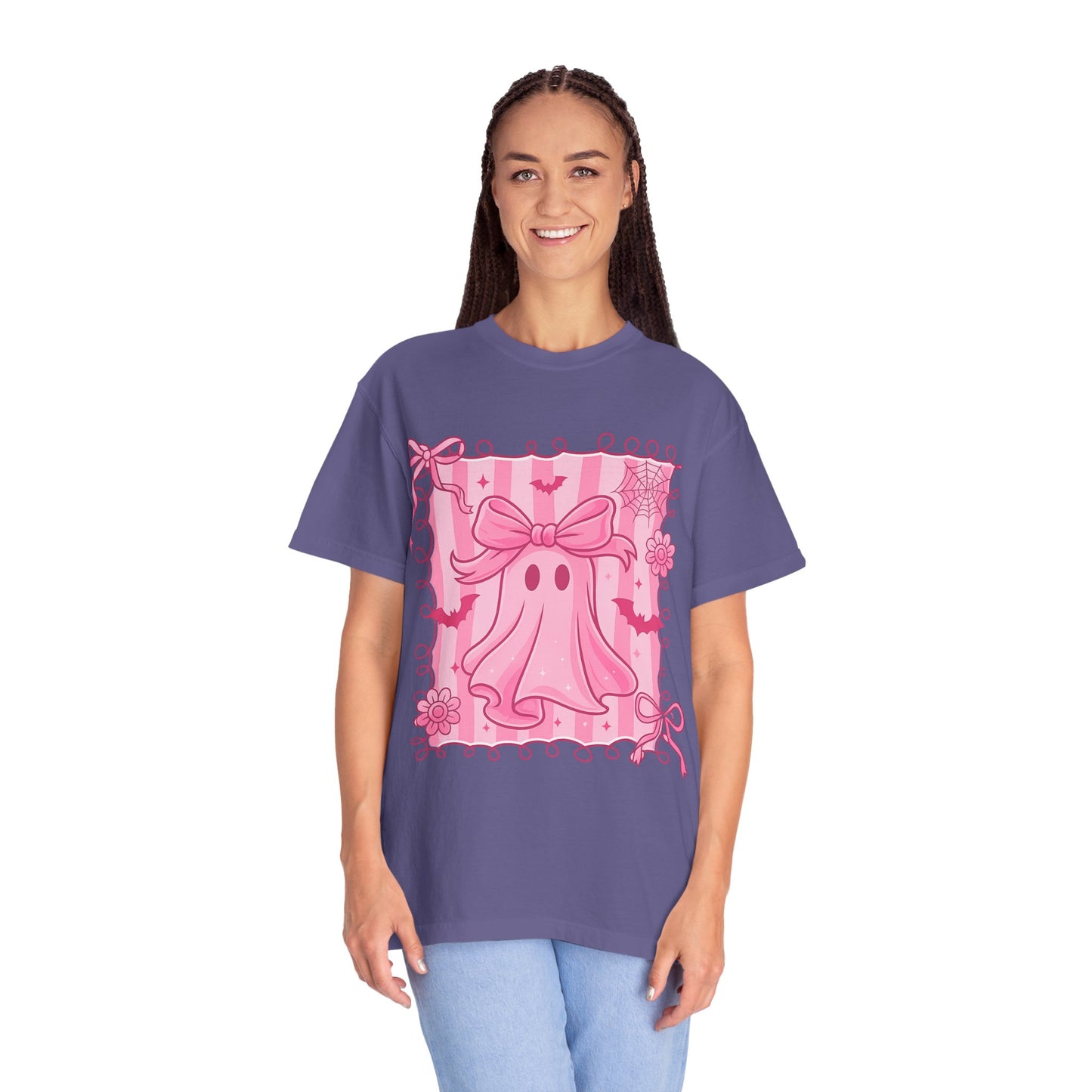 Cute Pink Ghost Graphic T-Shirt, Pink Halloween Tee, Unisex Garment-Dyed Top, Spooky Style for Fall, Trick or Treat Fashion