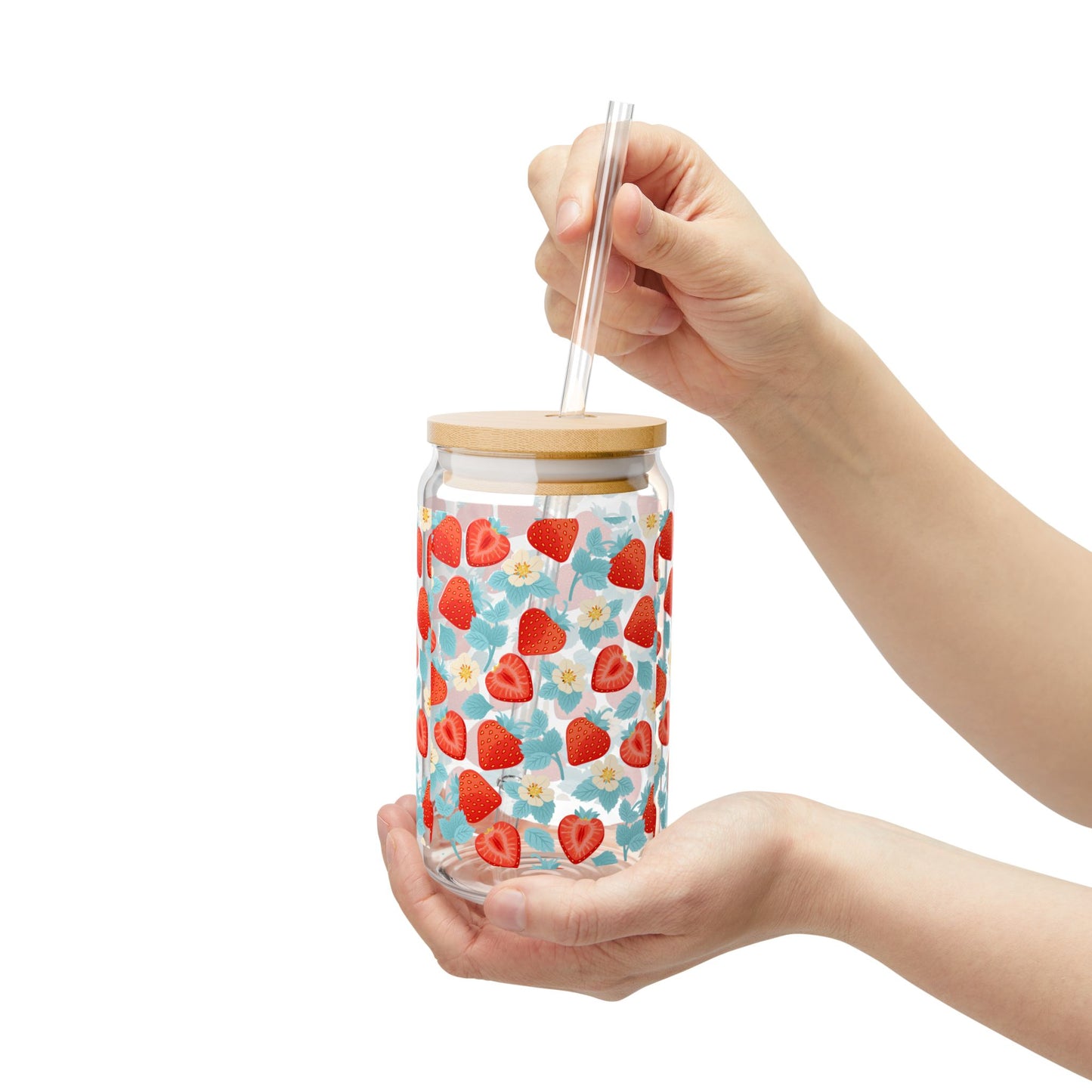 Strawberry Floral Sipper Glass, Eco-Friendly Drinkware for Summer, Mason Jar Style, Perfect for Picnics, Gifts, Home Decor