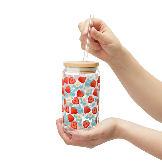 Strawberry Floral Sipper Glass, Eco-Friendly Drinkware for Summer, Mason Jar Style, Perfect for Picnics, Gifts, Home Decor