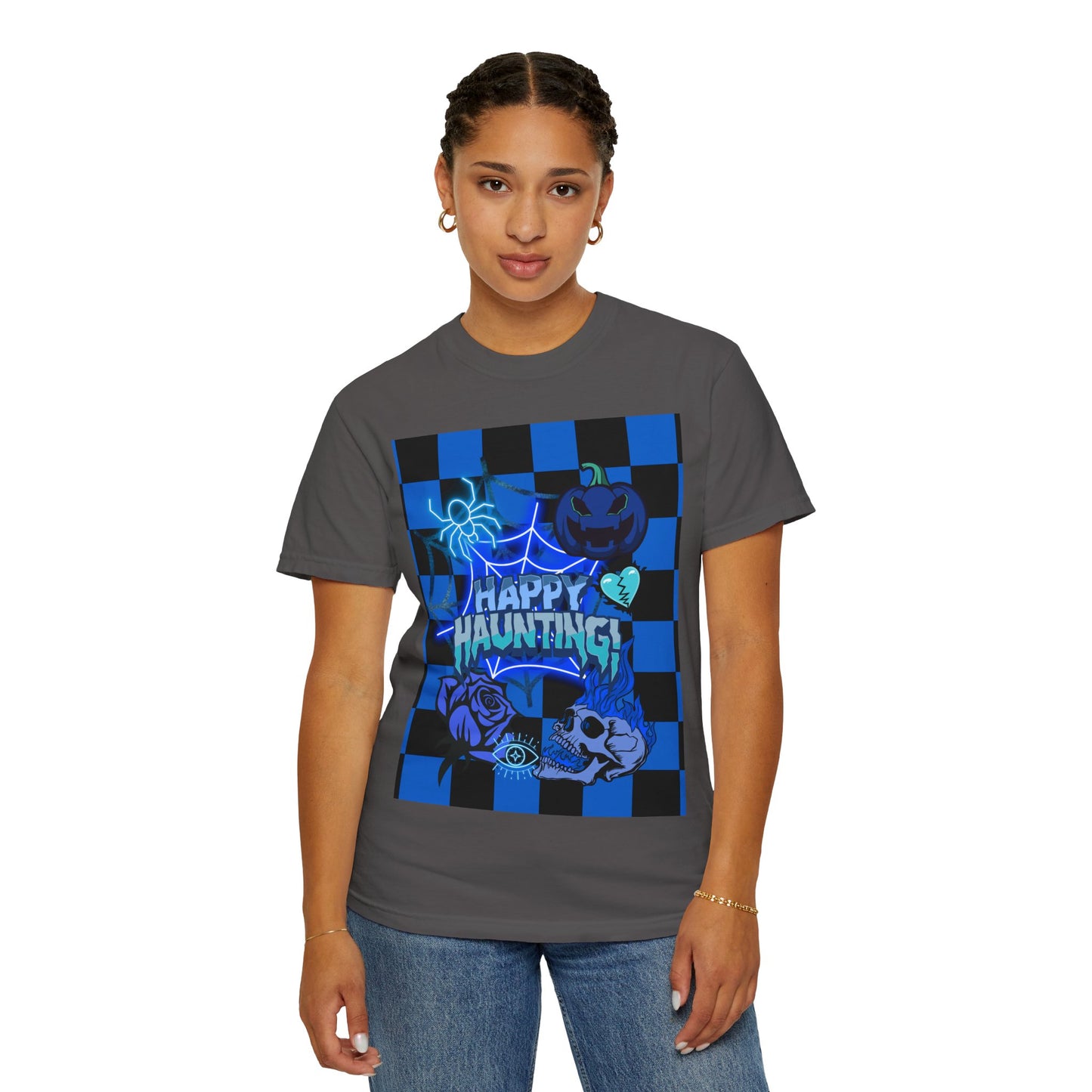Happy Haunting Unisex Garment-Dyed T-shirt, Halloween Tee, Spooky Shirt, Fall Fashion, Casual Wear, Pumpkin Fest