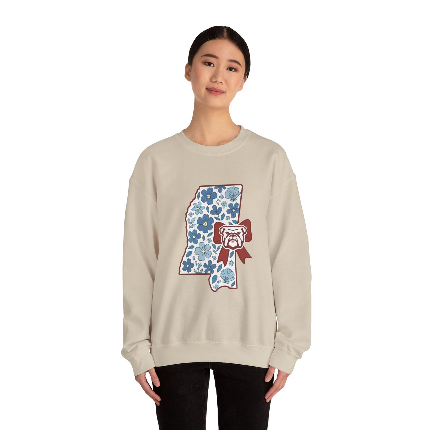 Mississippi Flower Bulldog Crewneck Sweatshirt, Cozy Sweatshirt for Fall, Gift for Dog Lovers, College Apparel, Casual Fashion