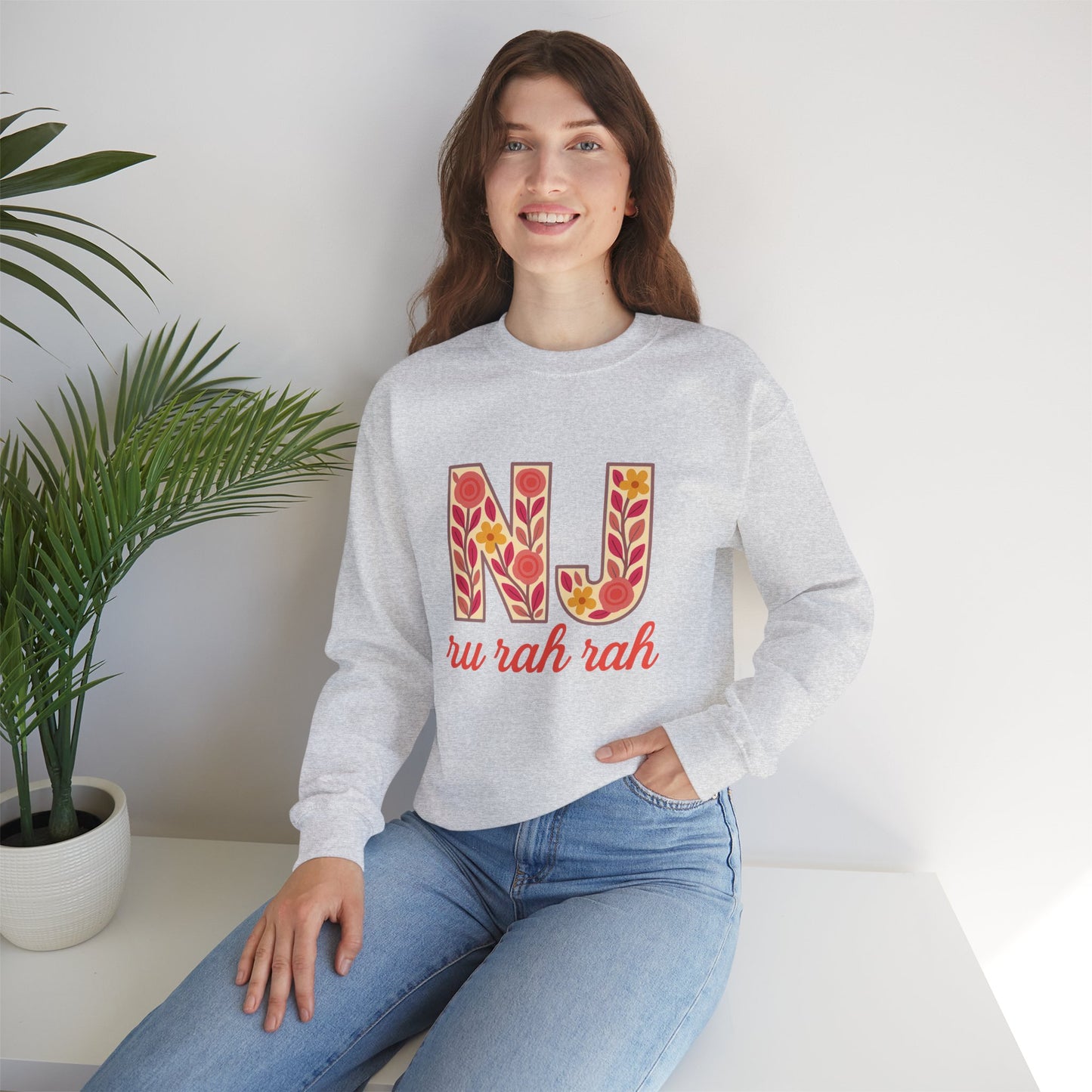 NJ Floral Pattern Crewneck Sweatshirt, Cozy Jersey, Casual Layer, Unique Gift, Fall Fashion, Unisex Apparel