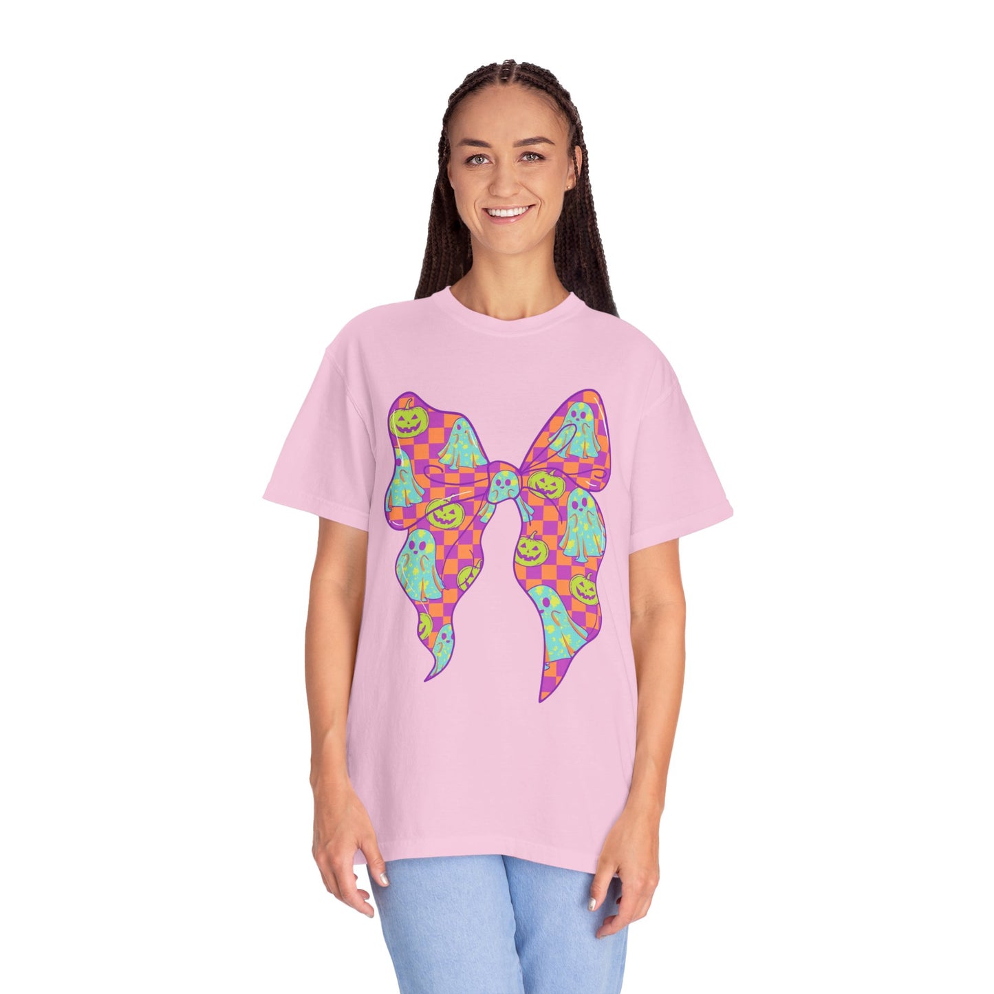 Neon Checkered Ghost Bow T-Shirt - Fun Lovers Halloween Unisex Tee