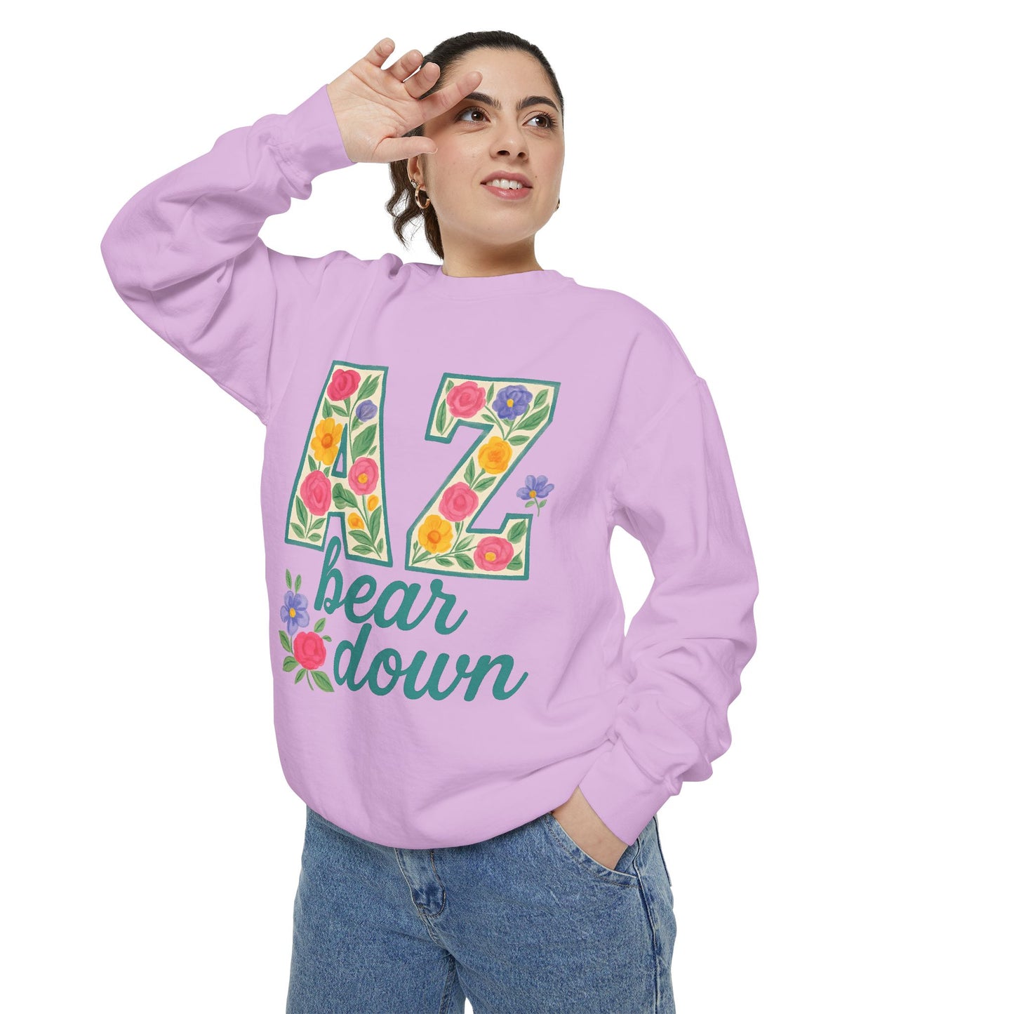 Arizona Floral Sweatshirt, Cozy Unisex Sweatshirt, Trendy Fall Layer, Gift for Him/Her, Sports Spirit Apparel, Bear Down AZ