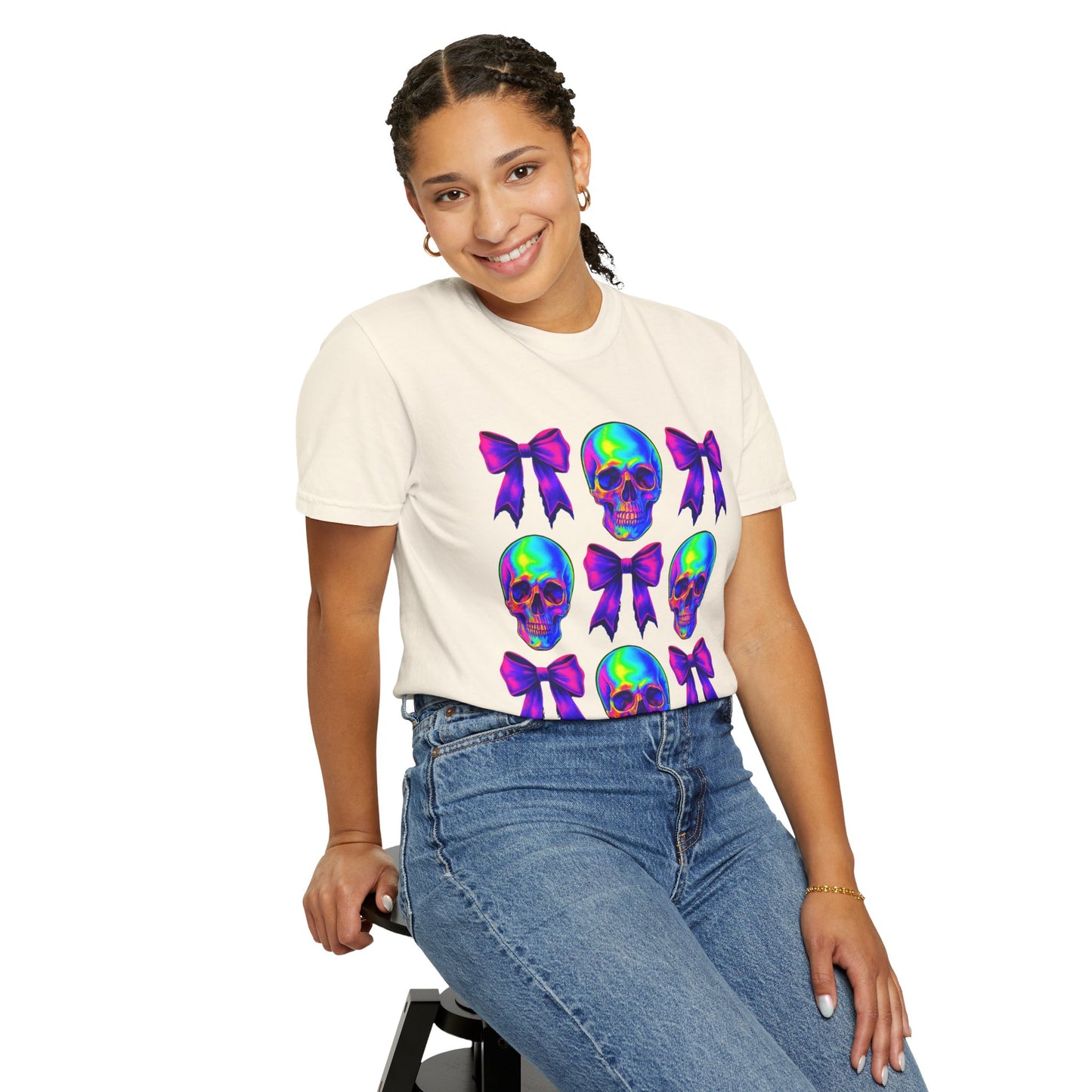 Neon Skull and Bow Unisex T-Shirt | Trendy Graphic Tee for Halloween, Festivals, Casual Wear, Gifts